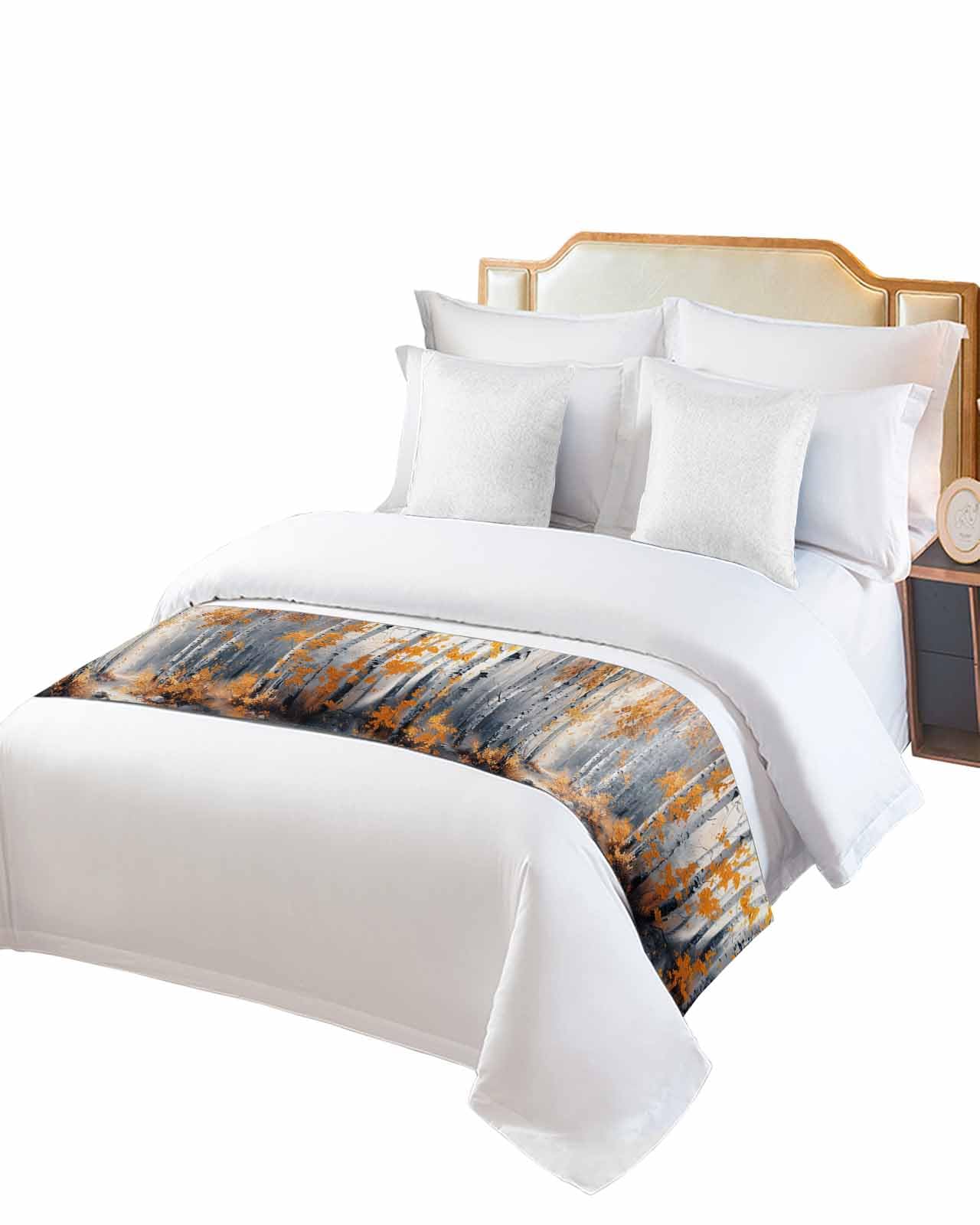 Orange Navy Blue Bed Runner for Cal King Size - Modern Oil Painting Art Forest Design | Decorative Throw for Foot of Bed, Sofa & Bedroom | Elegant Bed Scarf Protector & Slipcover - Perfect for Home Decor, Guest Rooms & Cozy Winter Nights