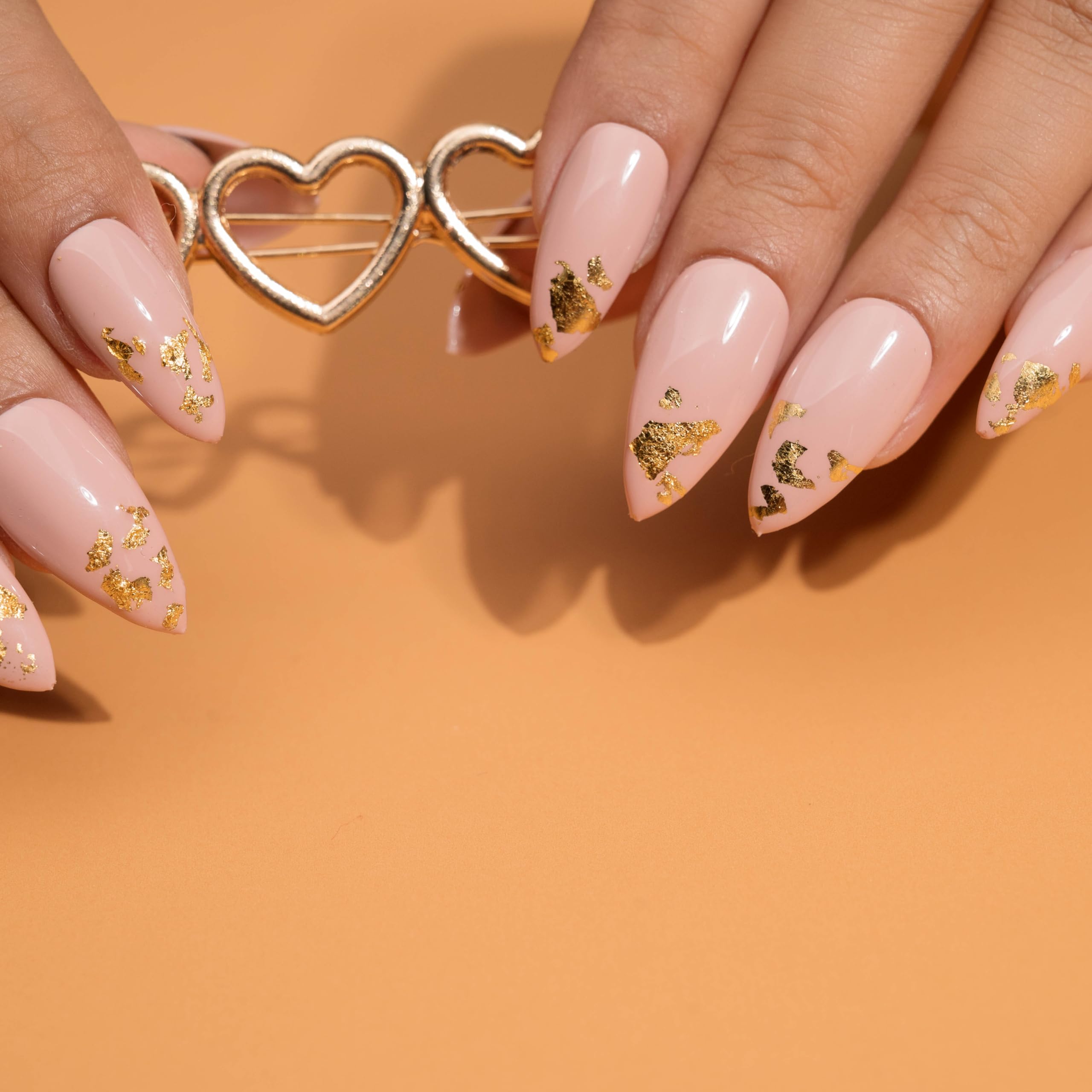 Premium Fake Press-On Nails - Almond Gold Foil Set of 20 | Reusable Full Coverage Artificial Nails with UV Gel Polish | Easy to Use & Time-Saving for Parties, Weddings, Date Nights & Daily Wear | NailKnack® Stick-On Nail Extensions for Both Hands