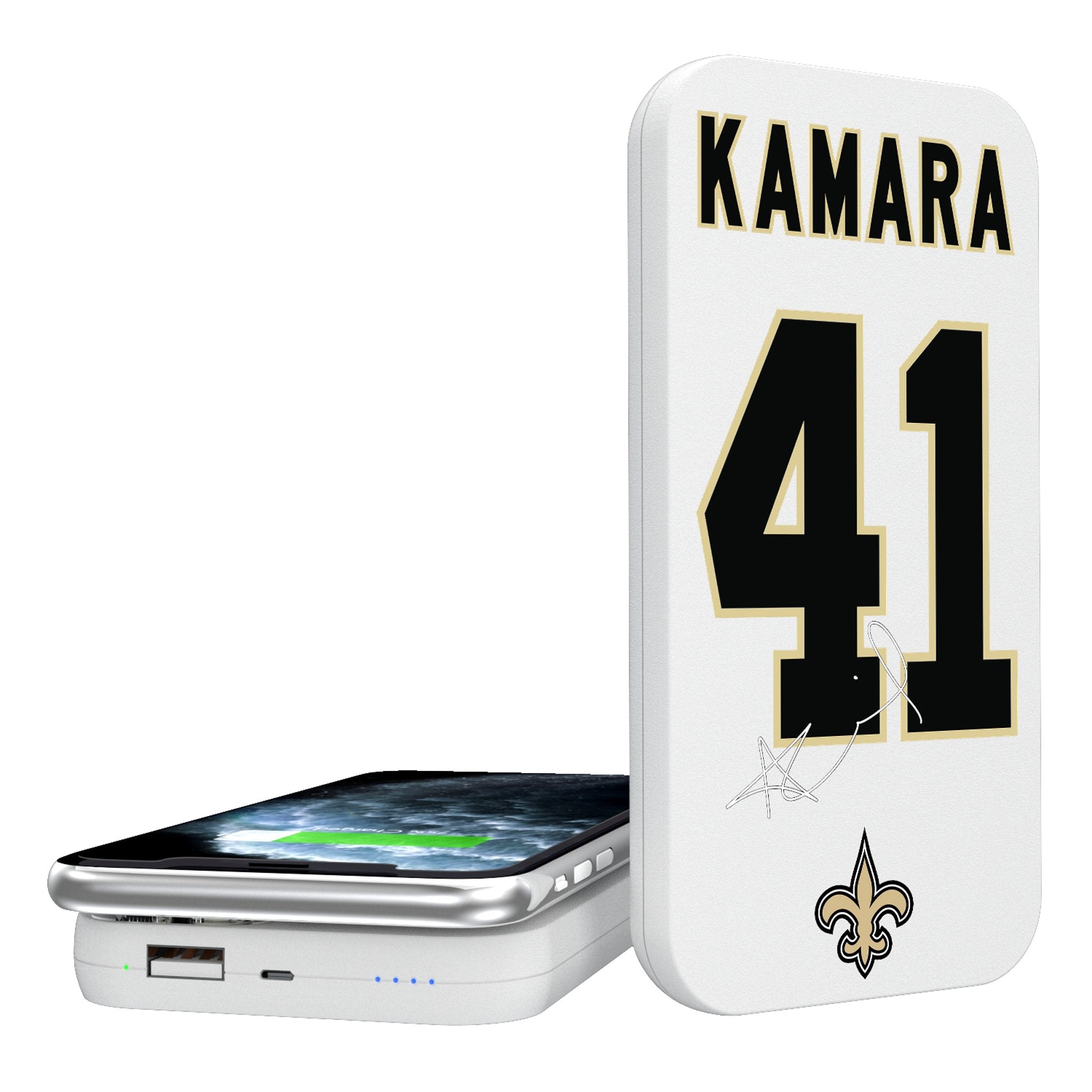 Alvin Kamara New Orleans Saints 41 5000mAh Portable Wireless Charger - Fast Charging Power Bank for iPhone, Samsung & AirPods - Perfect for Travel, Work & Game Day