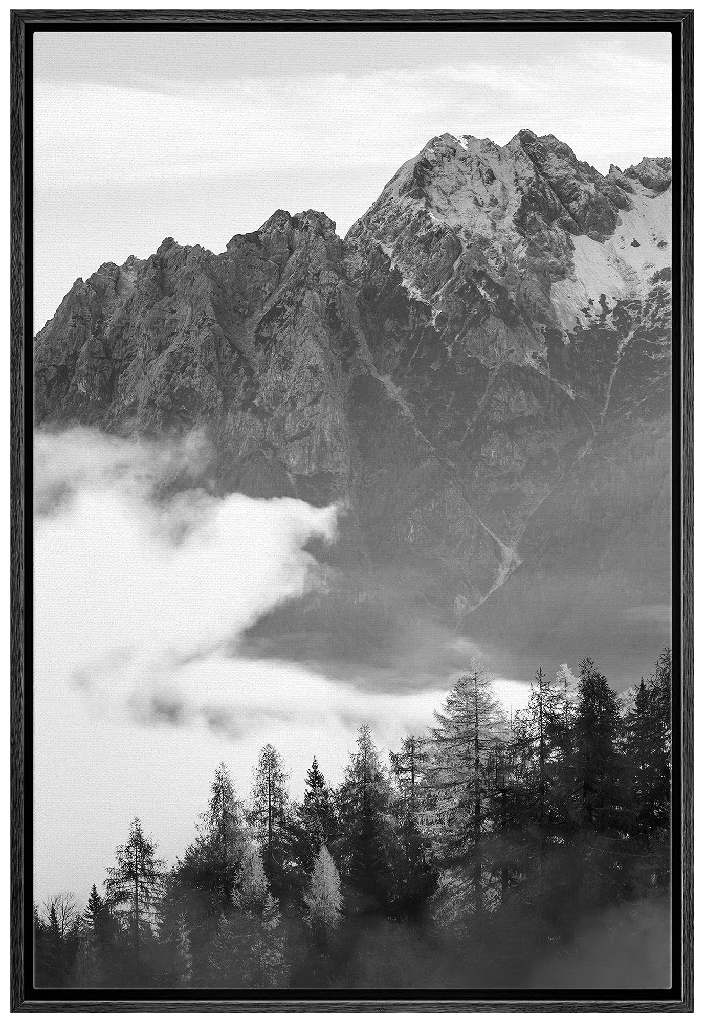 IDEA4WALL Framed Canvas Print - Black & White Mist Over Mountain Forest Valley Nature Wilderness Art - 24