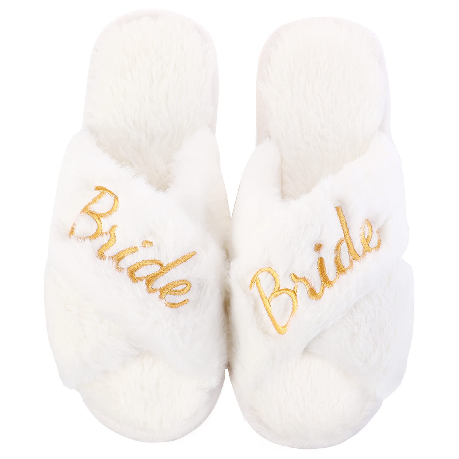 White Fuzzy Bridal Slippers for Wedding Day - Soft Plush Bride Slippers for Bachelorette Party, Bridal Shower Gift - Perfect for Getting Ready Photos & Wedding Morning Comfort