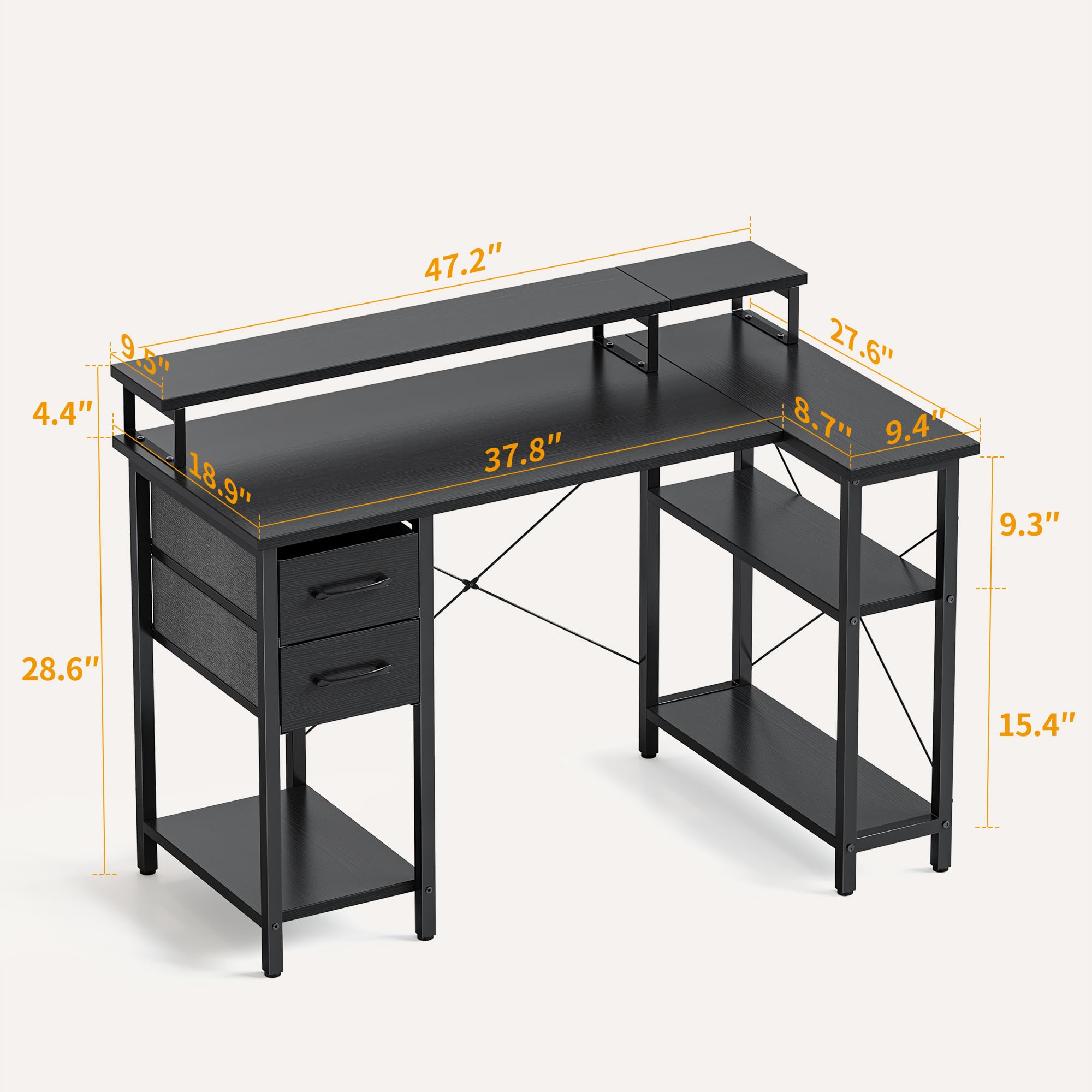 CubiCubi 47 Inch L-Shaped Computer Desk with Monitor Stand, Shelves & Storage Drawer - Black Corner Home Office Desk for Small Spaces, Gaming & Study Workstation