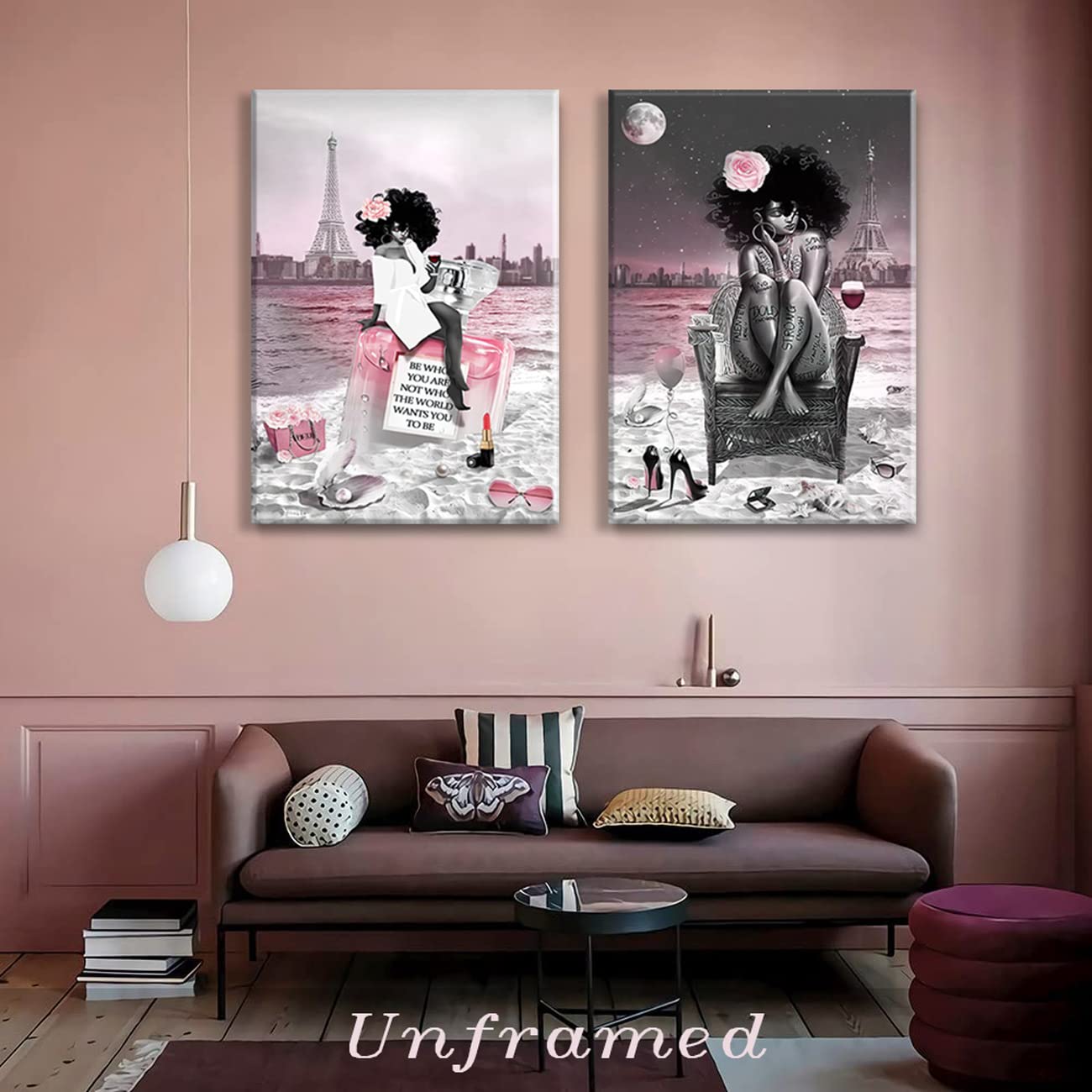 2 Pieces African American Black Girl Wall Art - Modern Pink & Black Fashion Painting of Beach & Paris Eiffel Tower - Unframed Poster Prints for Bedroom, Bathroom, Living Room & Girls Room Decor - Perfect for Home, Office & Gift Giving