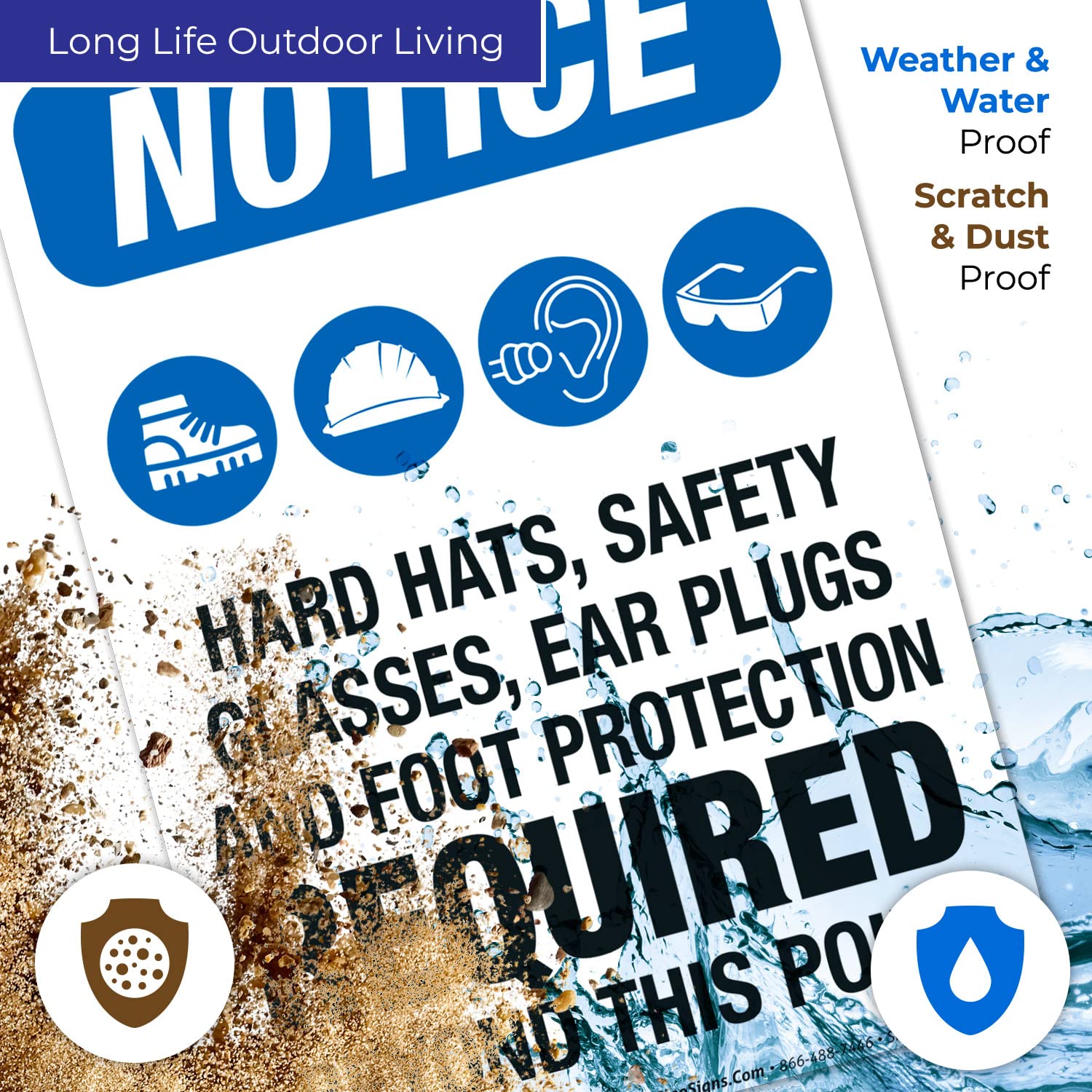 OSHA Safety Sign - 'Hearing Protection, Safety Glasses & Foot Protection Required' - 10x7 Inches, 4 Mil Vinyl Decal - Weatherproof, UV Resistant, Long Lasting - Made in USA - Perfect for Construction Sites, Factories & Industrial Workplaces