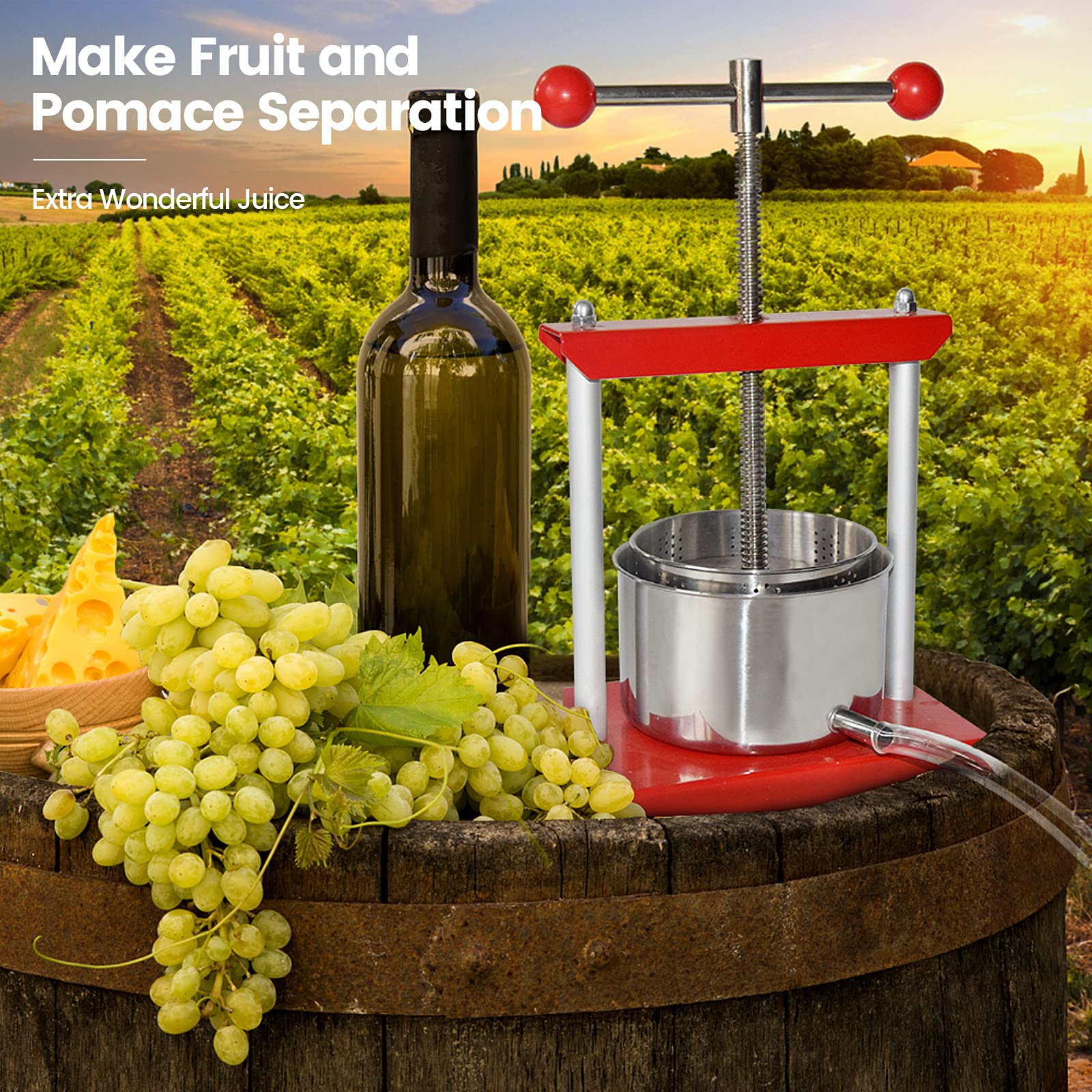 Stainless Steel Manual Fruit Wine Press 0.8 Gallon (3L) - Heavy Duty Juice Extractor for Apples, Grapes, Berries - Ideal for Homemade Cider, Wine, Olive Oil & Cheese Making - Perfect for Home Brewing & Kitchen Use