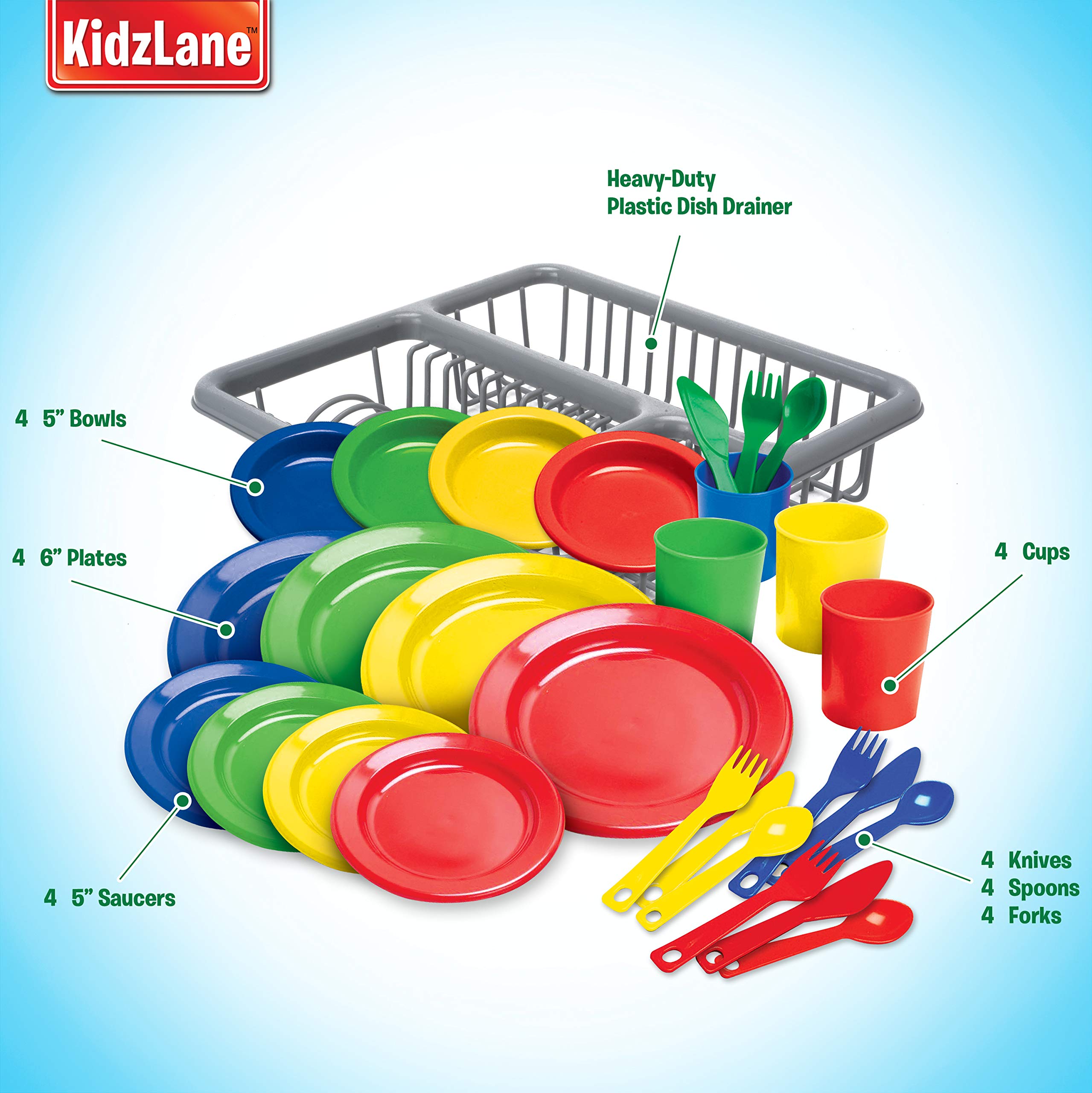 Kidzlane Kids & Toddler Play Kitchen Accessories Set - 24-Piece Dishwasher Safe Plastic Toy Dishes, Plates & Utensils - Pretend Play Kitchen Toys for Toddlers & Preschoolers - Perfect for Role Play, Birthday Gifts & Early Learning Development