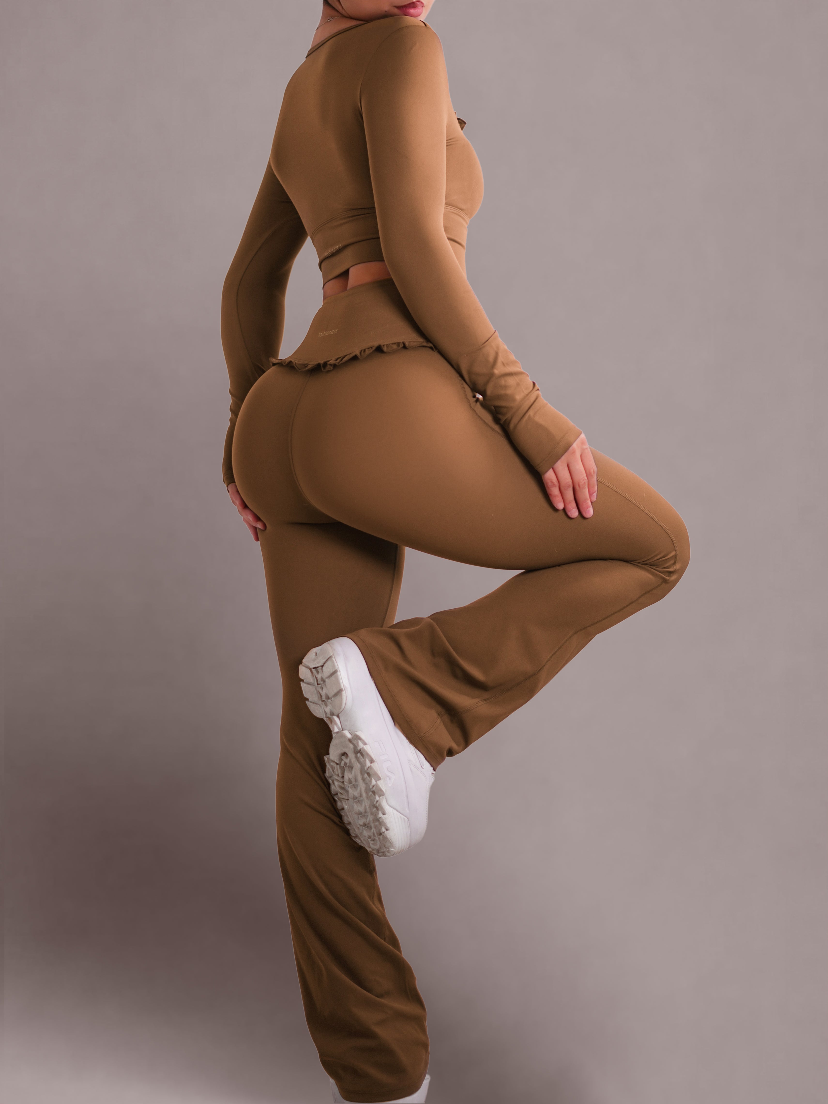 Ballet Ruffled Flare Leggings for Women - Honey Brown Stretchy High Waisted Yoga Pants | Perfect for Dance, Yoga, Workouts & Casual Wear