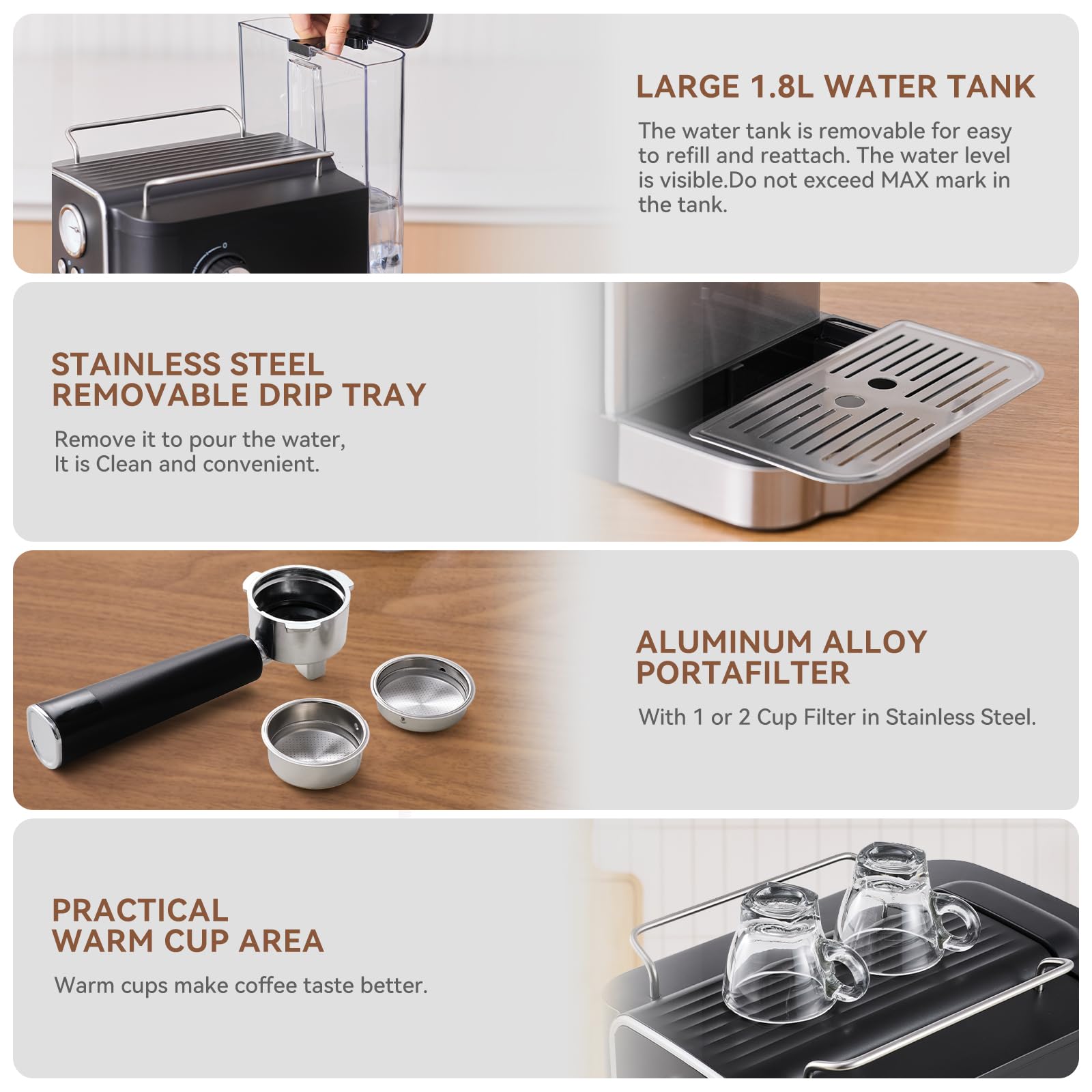 Professional 20 Bar Espresso Coffee Maker with Milk Frother Steam Wand - 1.8L Removable Water Tank for Latte, Cappuccino & Espresso - Perfect Gift for Dad or Mom - Ideal for Home, Office & Coffee Enthusiasts