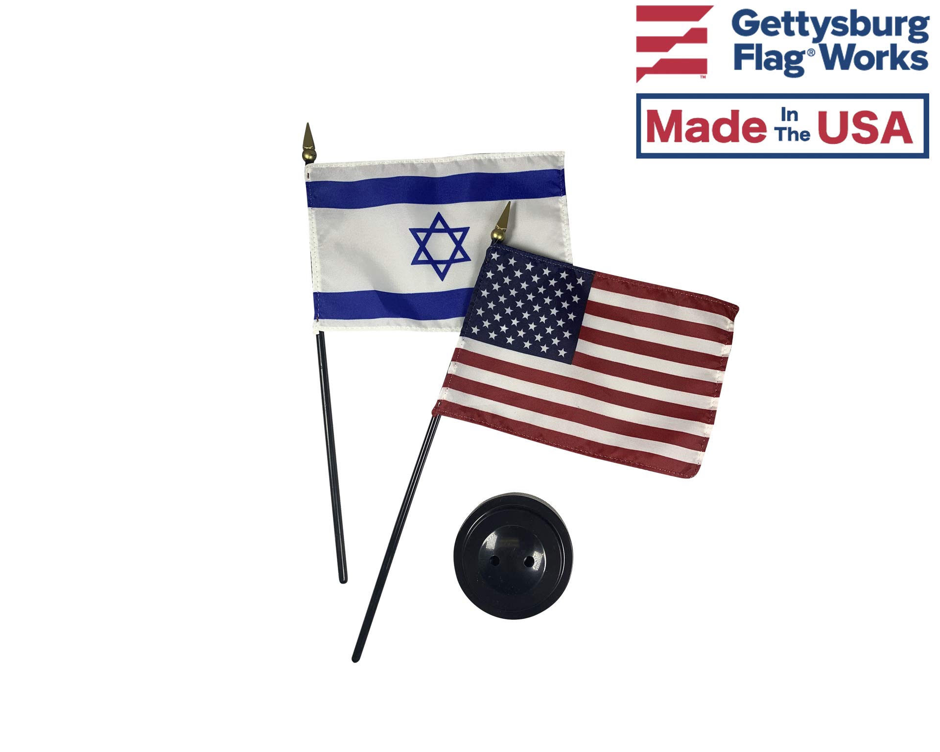 Set of 6 4x6 Inch E-Gloss Israel Stick Flags with U.S. Stick Flag & 2 Plastic Table Bases - Made in USA | Perfect for International Events, Sports Games, and Patriotic Decorations