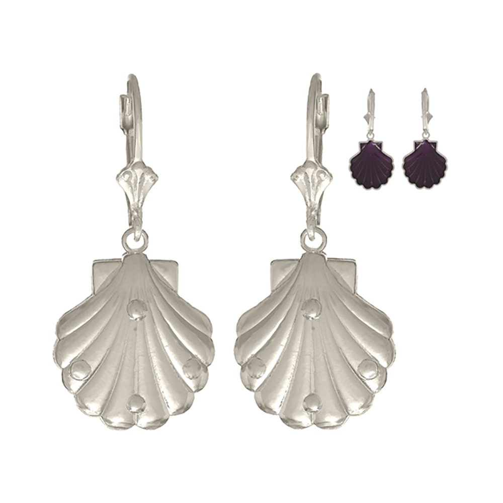 925 Sterling Silver Mini Scallop Shell Dangle Earrings with Purple Enamel - Elegant Leverback Design for Women | Perfect for Beach Vacations, Summer Parties & Boho Fashion