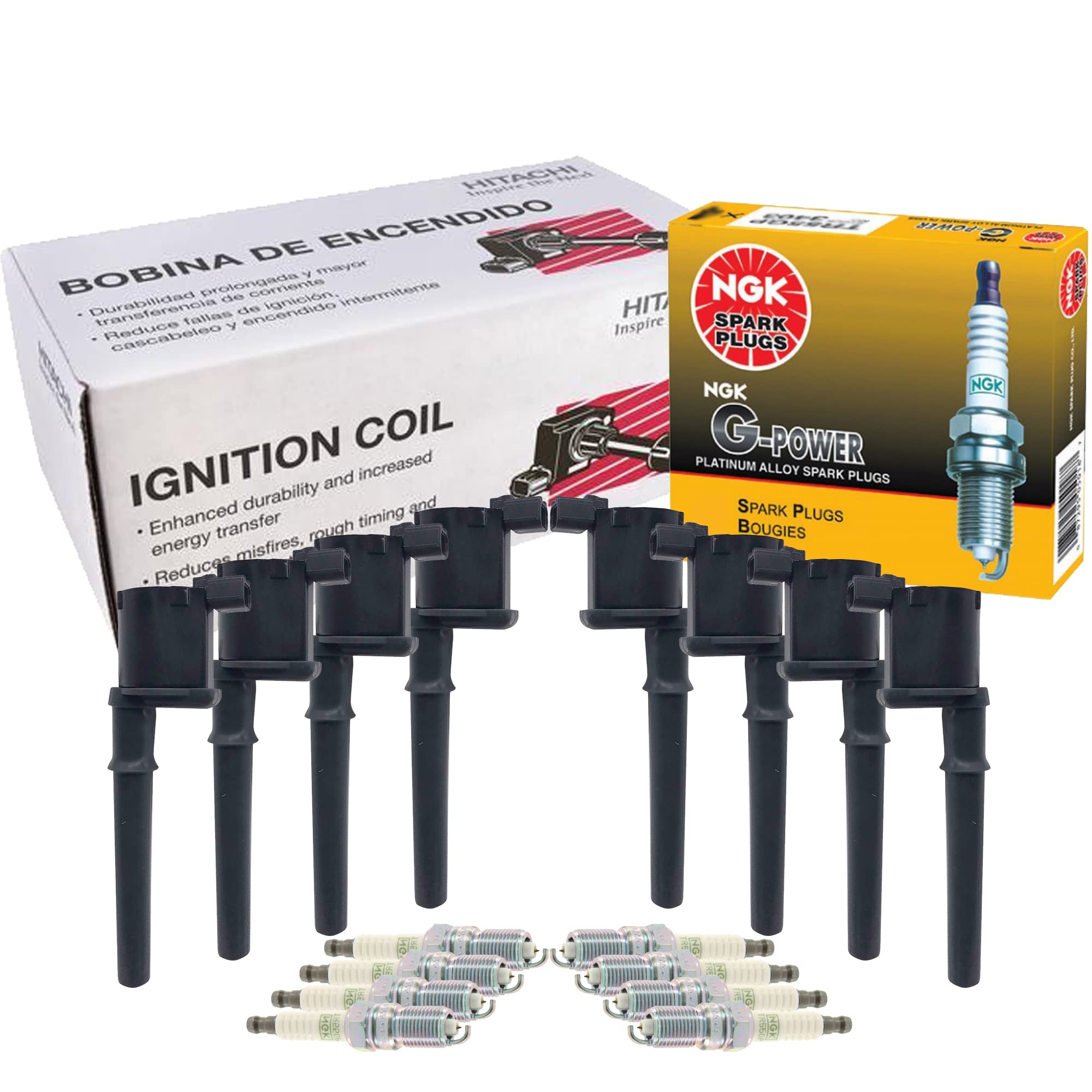 Hitachi 8 Ignition Coil & NGK 8 G-Power Spark Plugs Kit Compatible with Ford Lincoln Mercury 4.6L 5.4L V8 DOHC Engines - High Performance Replacement for Smooth Acceleration & Fuel Efficiency