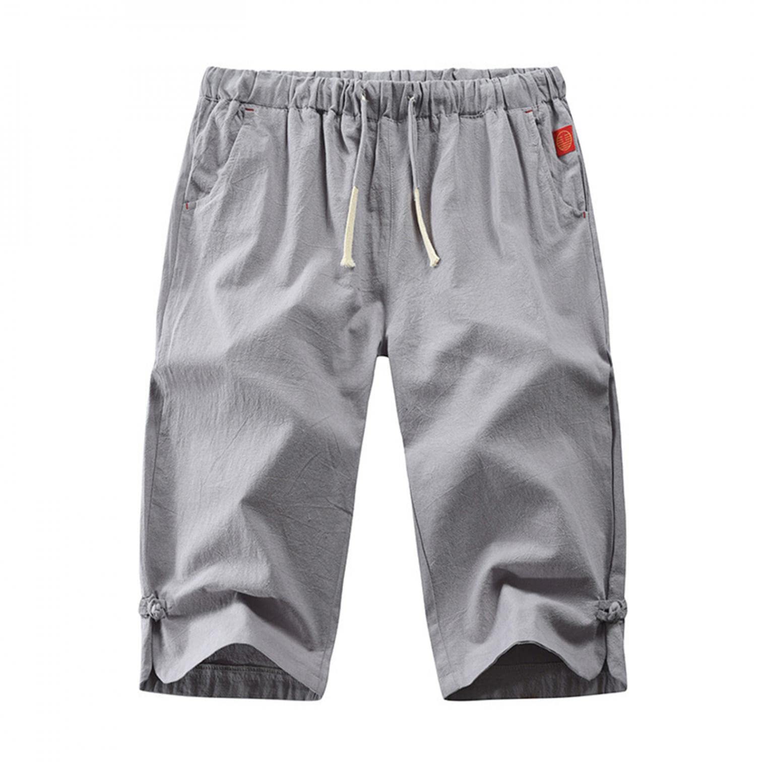 WUAI-Men 3/4 Linen Harem Pants - Elastic Waist Casual Joggers for Men - Breathable Summer Cropped Trousers with Drawstring - Perfect for Yoga, Beach, Workout & Lounge Wear