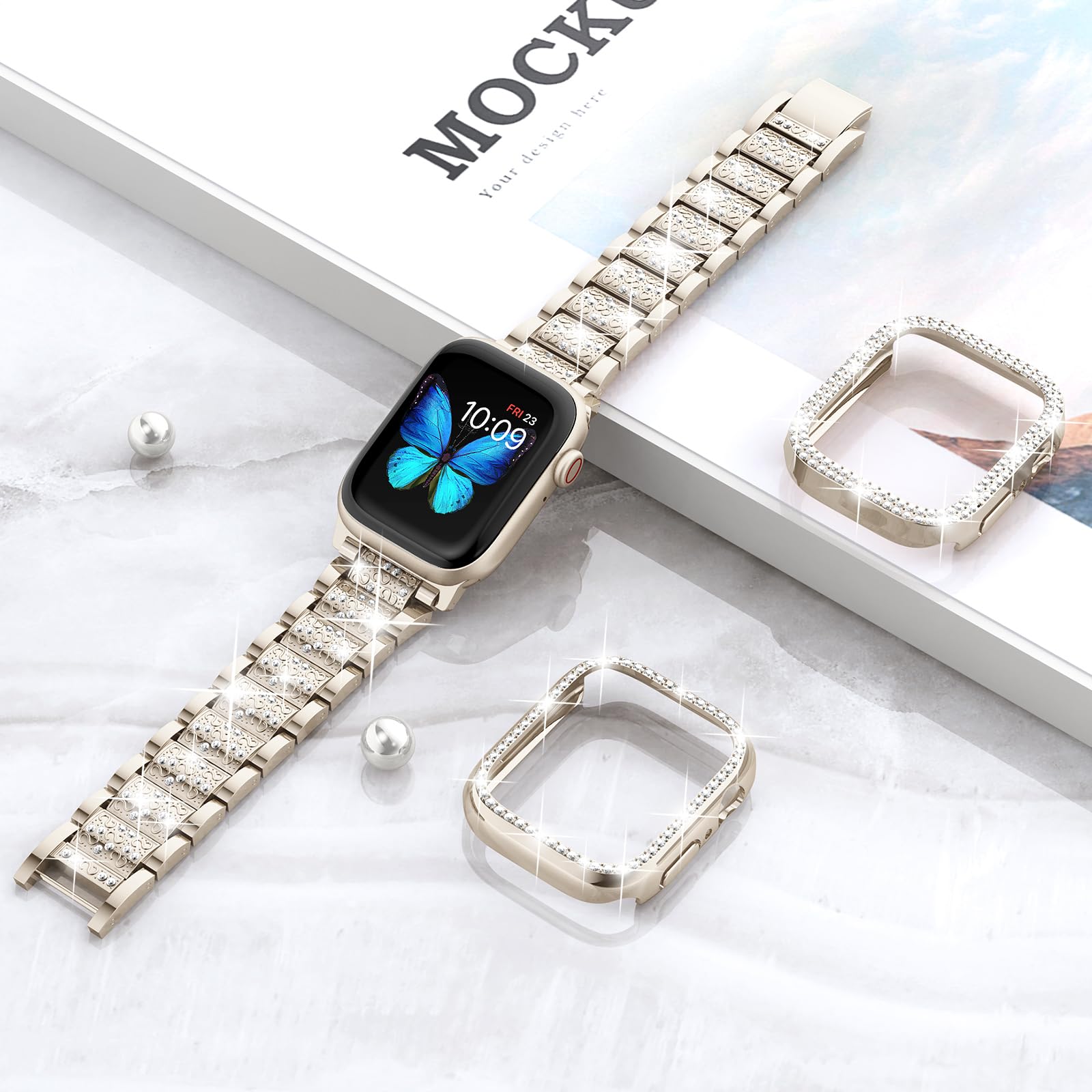 SUPOIX Luxury Bling Diamond Metal Band & 2 Pack Protective Case for Apple Watch Series 9/8/7/6/SE 41mm - Champagne Gold | Women's Fashion Jewelry Watch Accessory | Perfect for Work, Party & Everyday Wear
