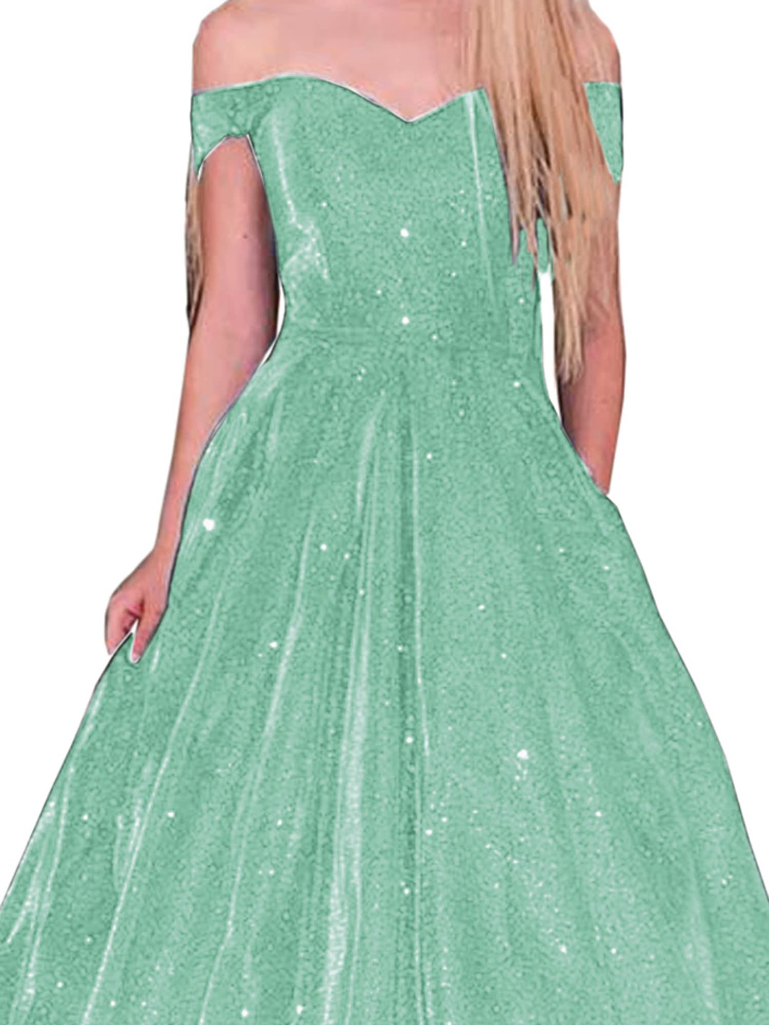 Elegant Off-The-Shoulder Glitter Prom Dress for Women - Formal Evening Gown with Pockets | Perfect for Homecoming, Wedding Guest & Special Occasions