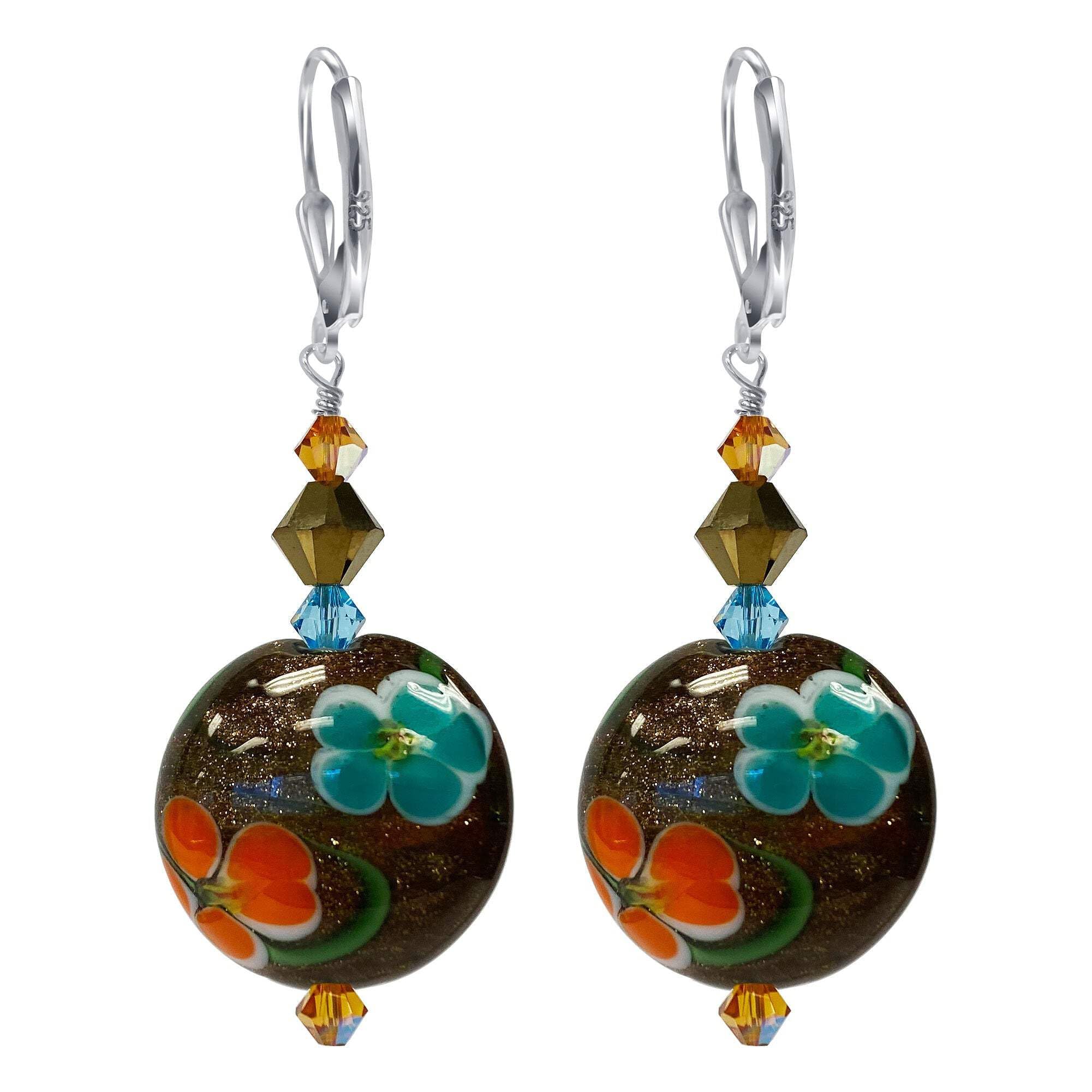925 Silver Flower Earrings with Glass & Crystals - Elegant Party Jewelry
