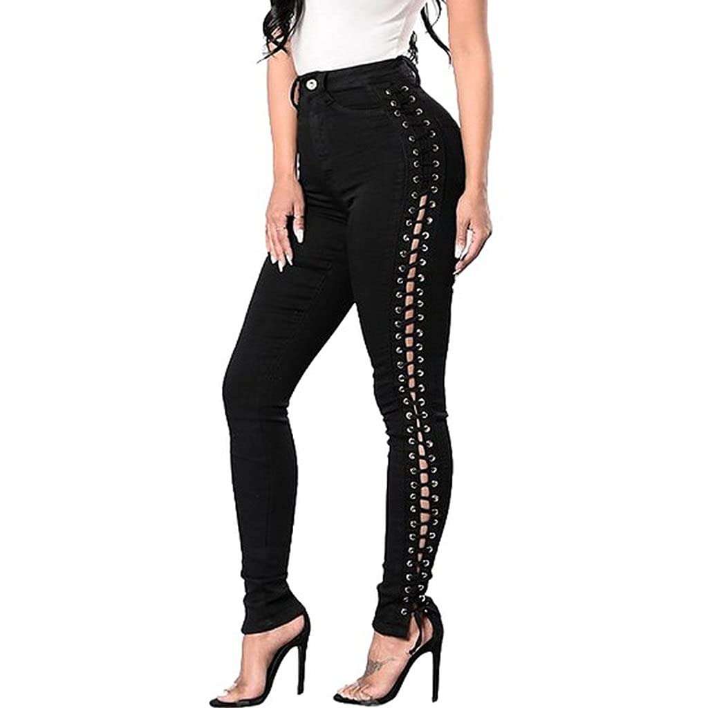 TWDYC Women's Plus Size Stretch Ripped Skinny Jeans with Side Lace-Up Detail - Black Denim Pants Size M | Trendy Casual Wear for Everyday Outfits & Night Out Looks