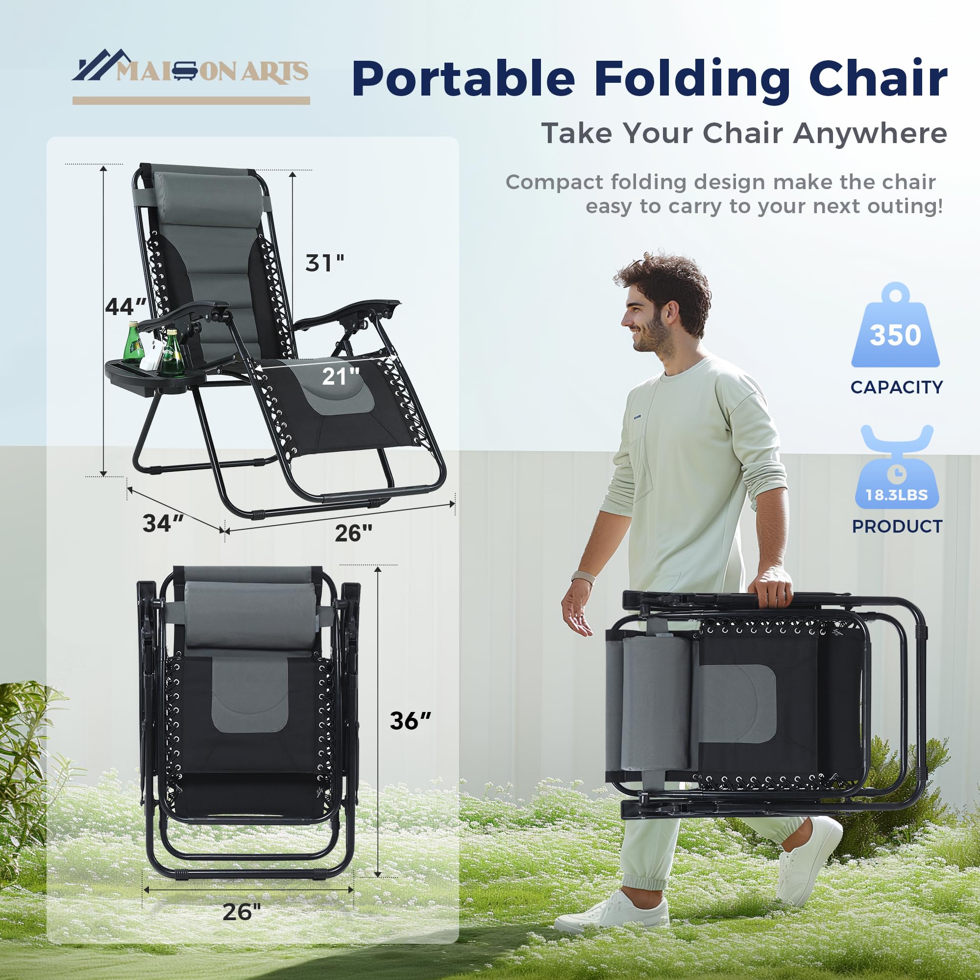 MAISON ARTS Zero Gravity Lounge Chair - Foldable Padded Patio Recliner with Pillow & Cup Holder - 350LBS Weight Capacity - Grey - Perfect for Poolside Relaxation, Backyard Lounging, Beach Camping & Outdoor Adventures