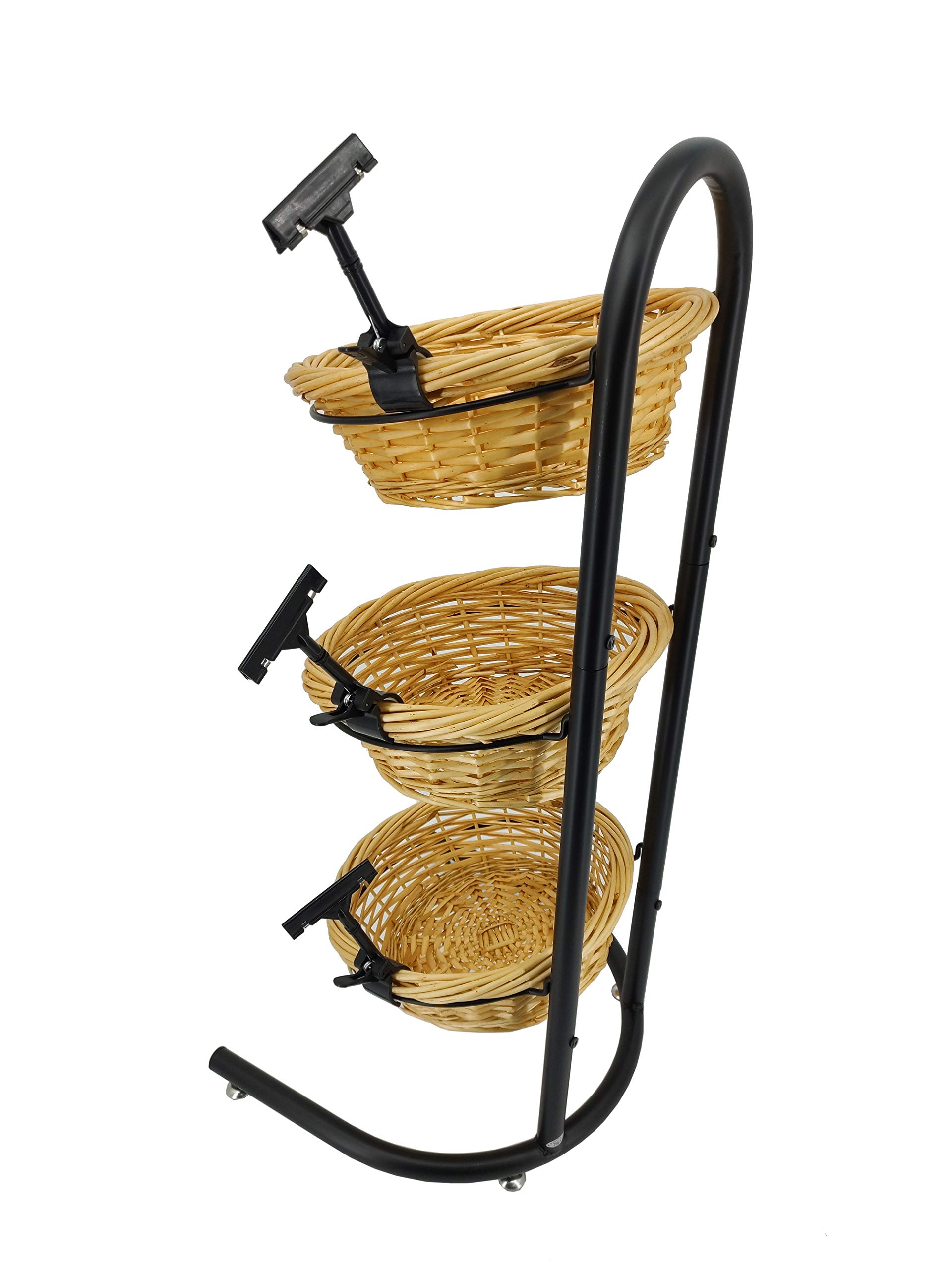 FixtureDisplays 3-Tier Wicker Basket Metal Stand with Sign Clips - Rustic Market Basket Storage Organizer for Kitchen, Bathroom & Retail Display (Model 19425)