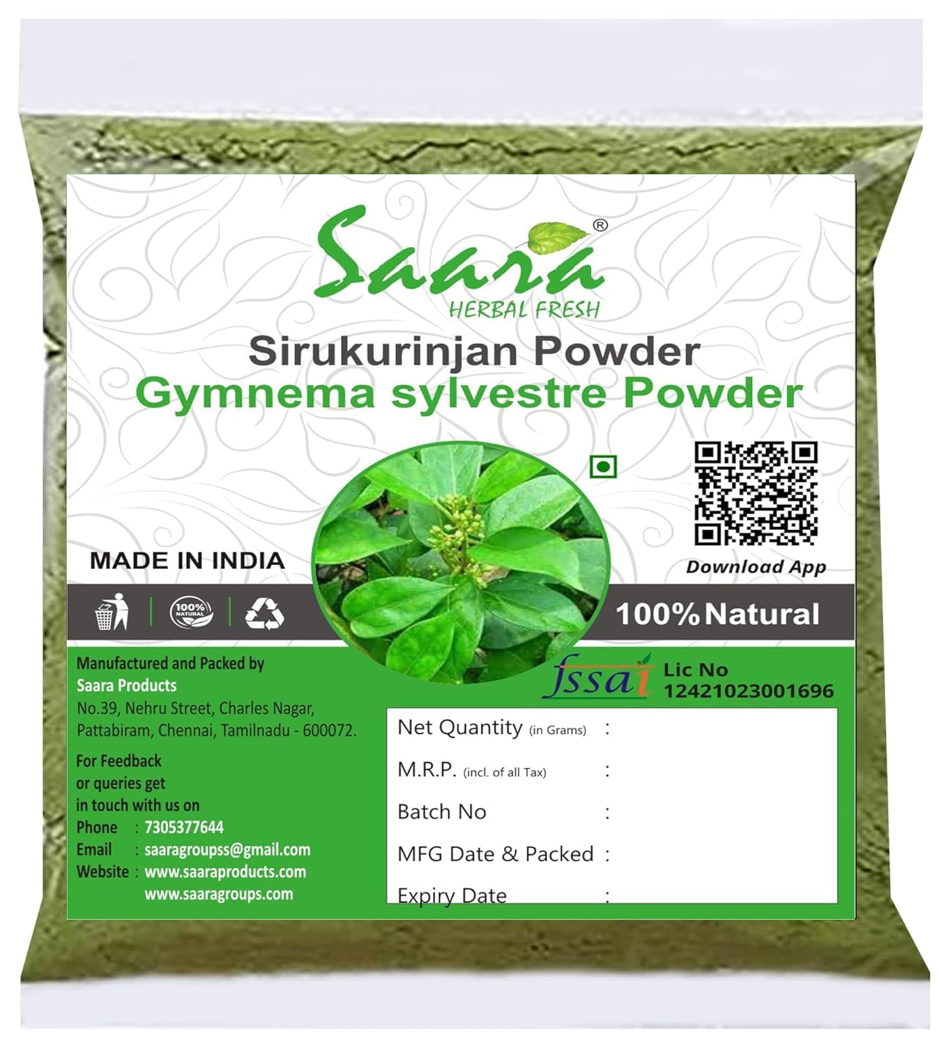 Natural Gymnema Sylvestre Powder (Gurmar, Sirukurinjan, Podapatri) - 200gm (7.06oz) | Herbal Supplement for Blood Sugar Support, Weight Management & Ayurvedic Wellness | Ideal for Tea, Smoothies & Detox Drinks