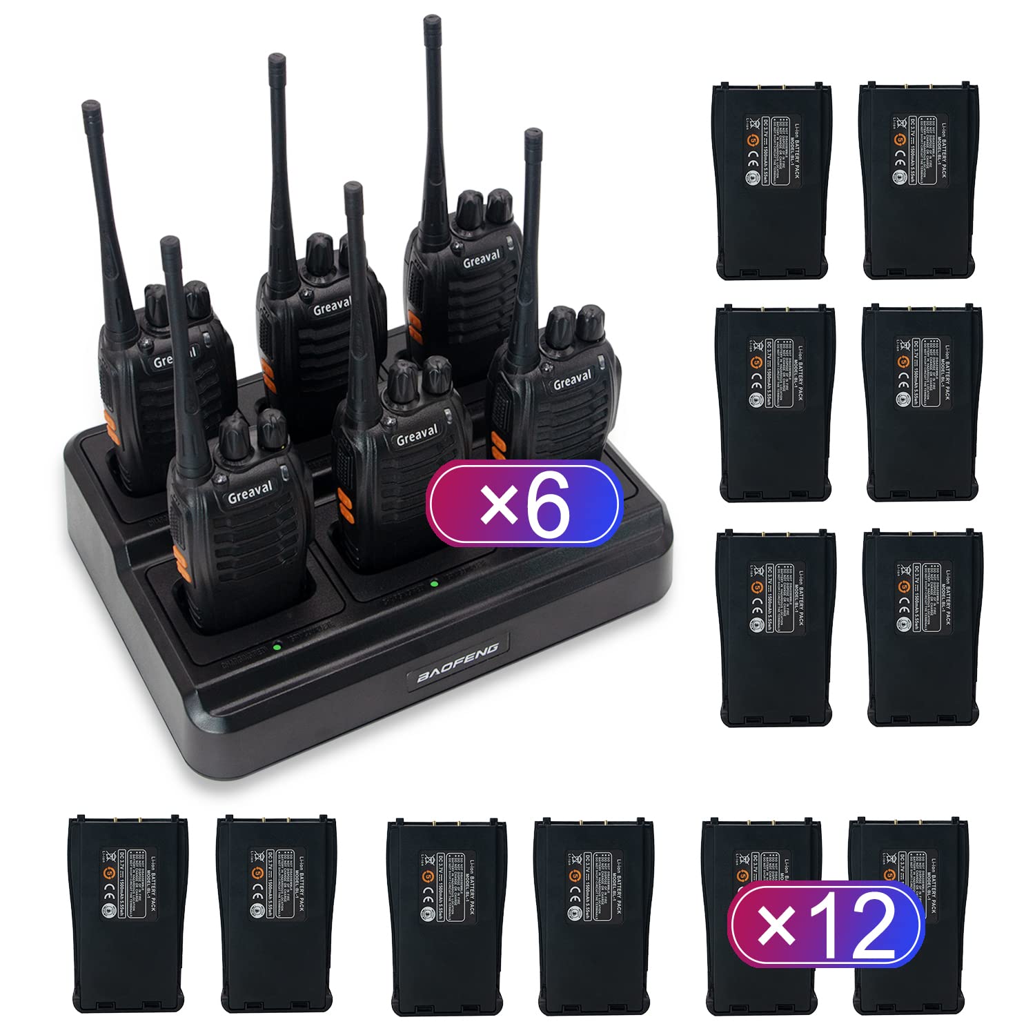 GV-8S Long Range Walkie Talkies (6 Pack) - Rechargeable Two-Way Radios with 12 Li-ion Batteries, 6-Way Charger & Accessories for Adults - Perfect for Outdoor Adventures, Construction Sites, and Event Coordination