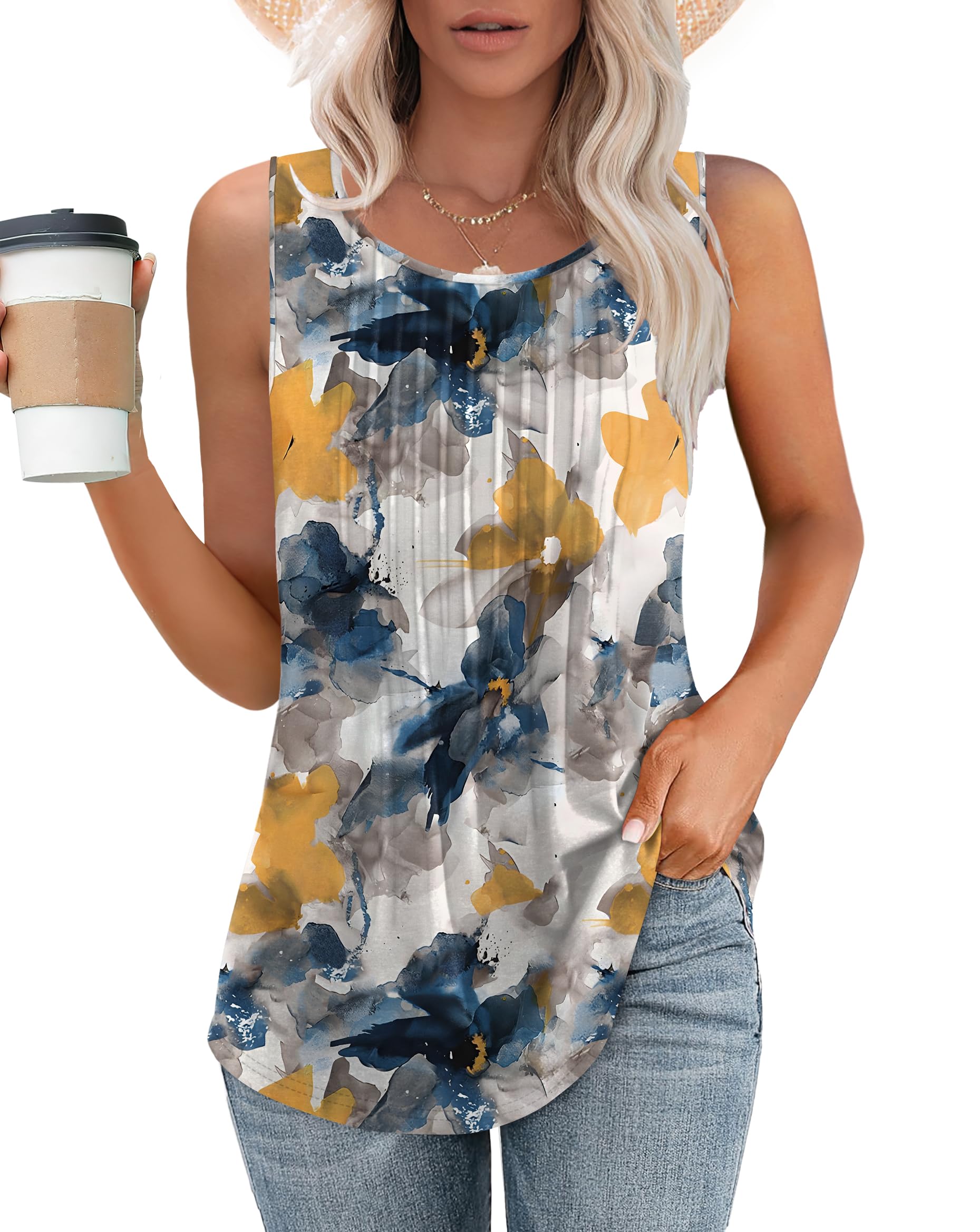 Besshopie Women's Summer Tank Tops - Pleated Round Neck Sleeveless Blouse, Casual Flowy Tunic Top for Women | Perfect for Beach, Vacation & Everyday Wear
