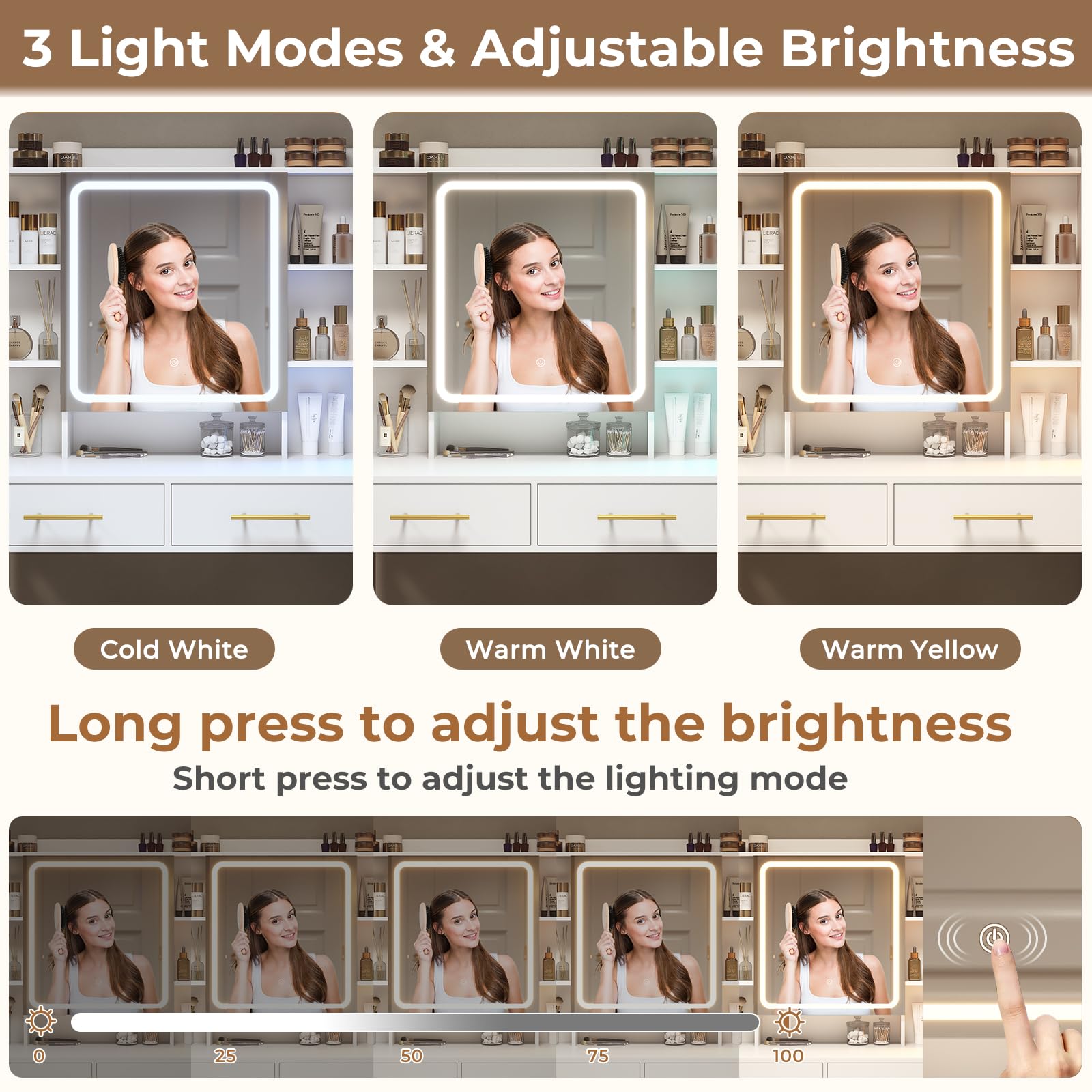 AOGLLATI White Makeup Vanity Desk with LED Lights, Mirror & Jewelry Storage - Vanity Table with Charging Station, Hidden & Open Shelves for Bedroom, Dressing Room & Beauty Salon