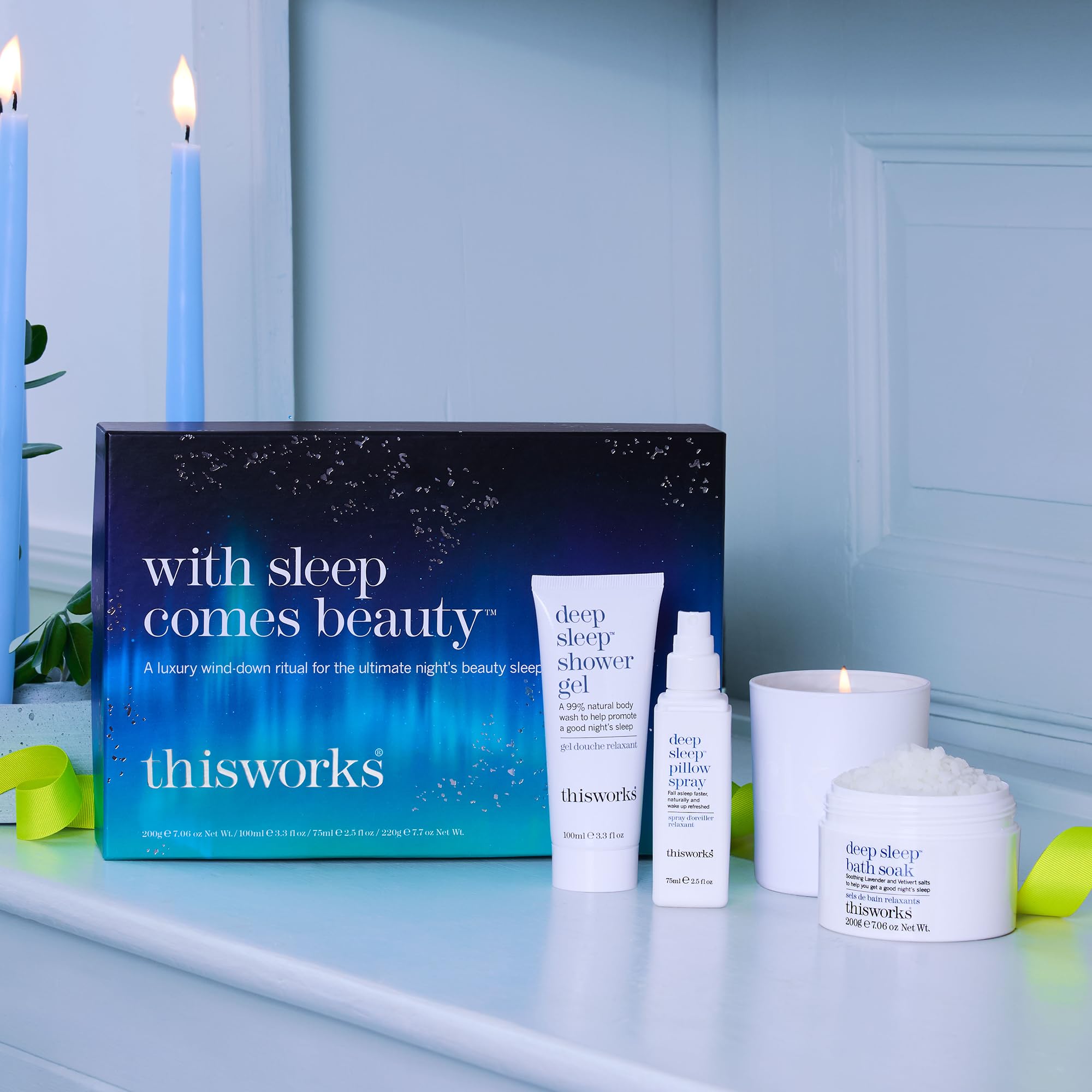 THISWORKS With Sleep Comes Beauty Gift Set - Deep Sleep Pillow Spray, Shower Gel, Body Lotion & Scented Candle with Essential Oils ($122 Value) | Relaxing Bedtime Routine Set for Women, Spa Night Self Care Gift for Her, Luxury Sleep Aid Kit for Better Rest