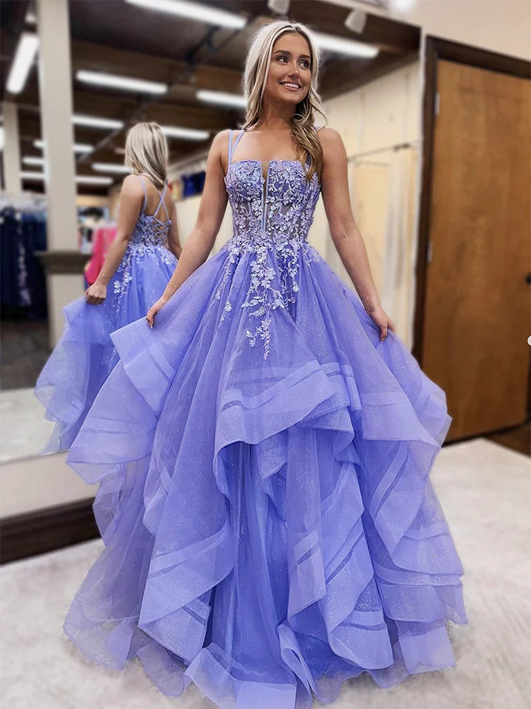 Elegant Purple A-Line Tulle Lace Long Prom Dress for Women | Formal Evening Gown | Perfect for Graduation, Homecoming & Special Occasions