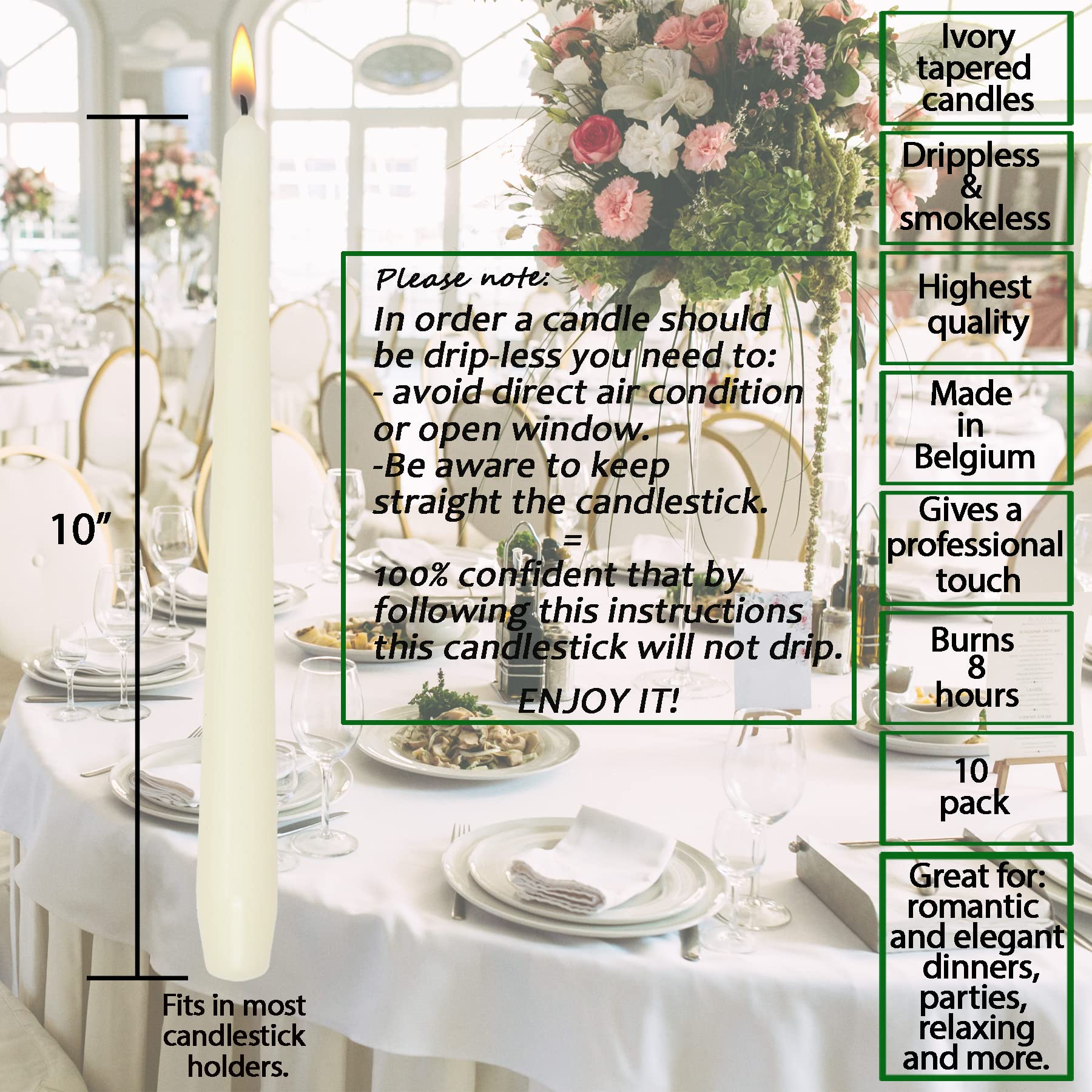 Dripless 10 Inch Ivory Taper Candles - Unscented Long Dinner Candles, 8 Hour Burn Time, 10 Pack for Weddings, Dining & Home Decor