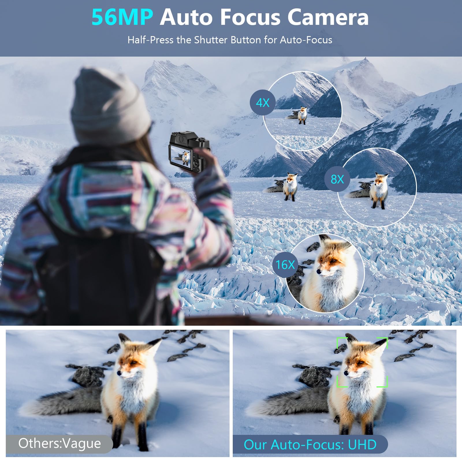 4K Digital Camera with AutoFocus & 16X Zoom - 56MP Vlogging Camera for YouTube, 3.0