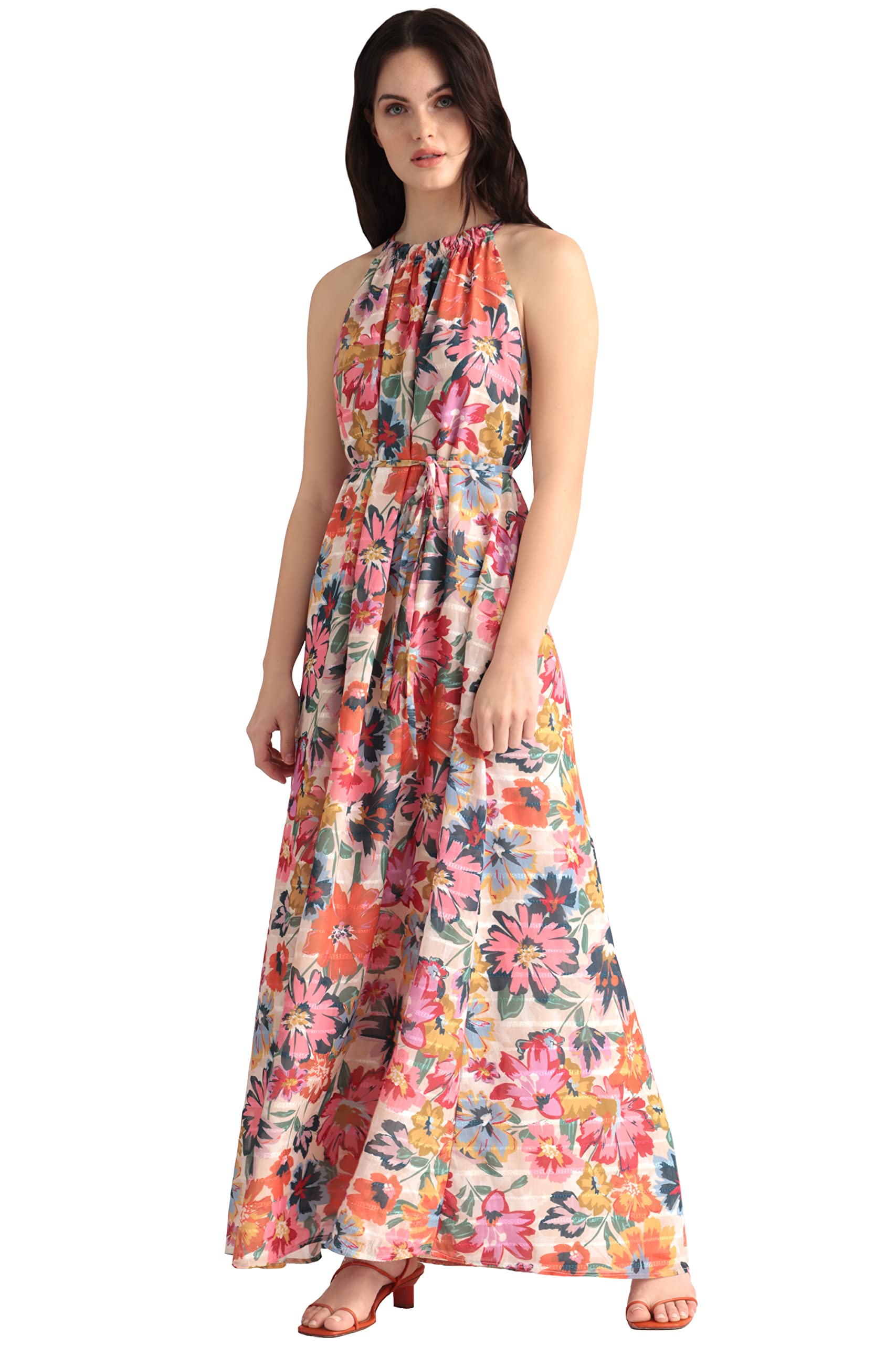 Maggy London Floral Halter Maxi Dress with Waist Tie for Summer Beach