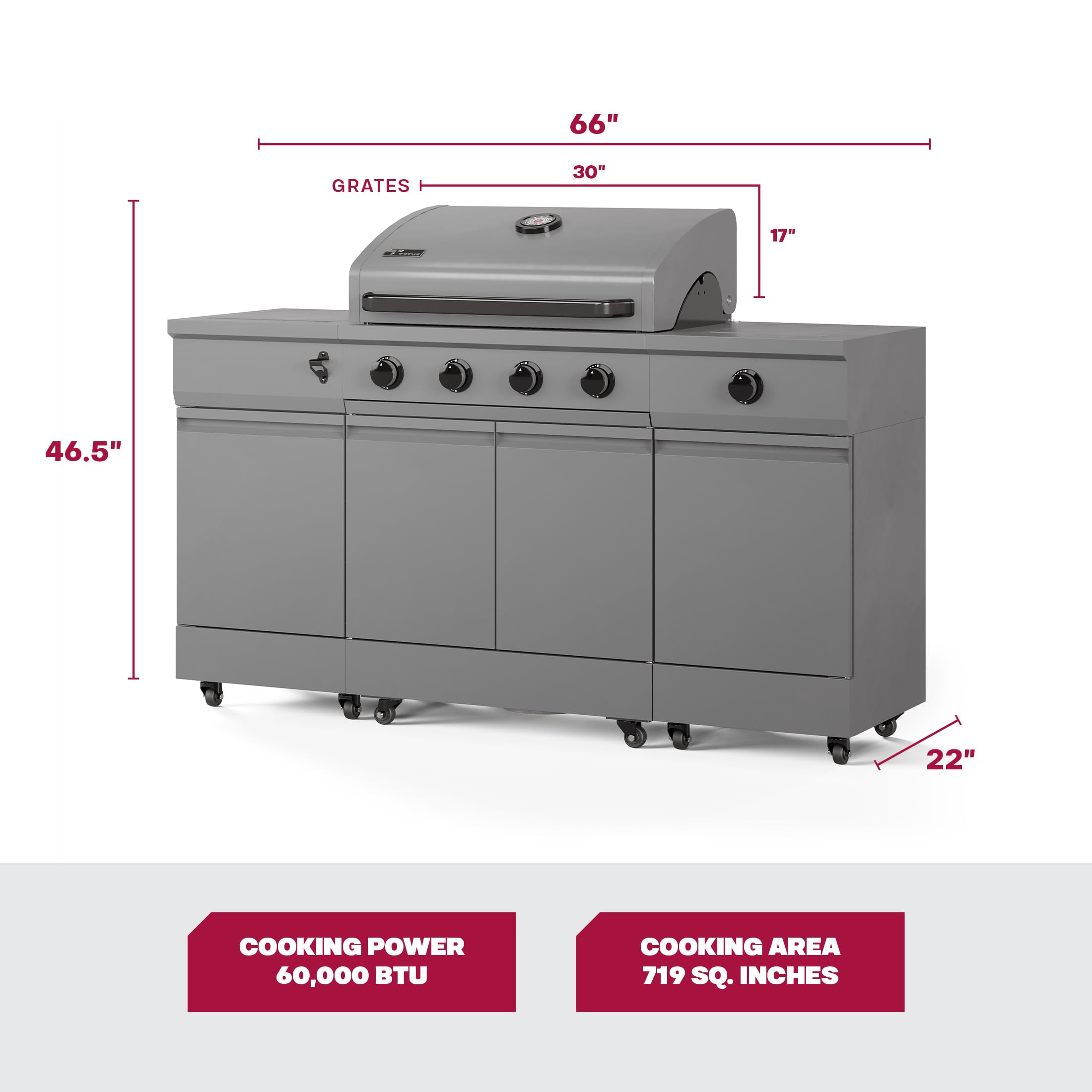 Tytus Fresno 60,000 BTU 5-Burner Propane or Natural Gas Outdoor Island Grill with Storage Cabinets - 864 sq. in. Cooking Area, 48,000 BTU Main Burner & 12,000 BTU Side Burner, Includes Ice Bucket - Perfect for Backyard BBQs, Pool Parties, and Outdoor Entertaining