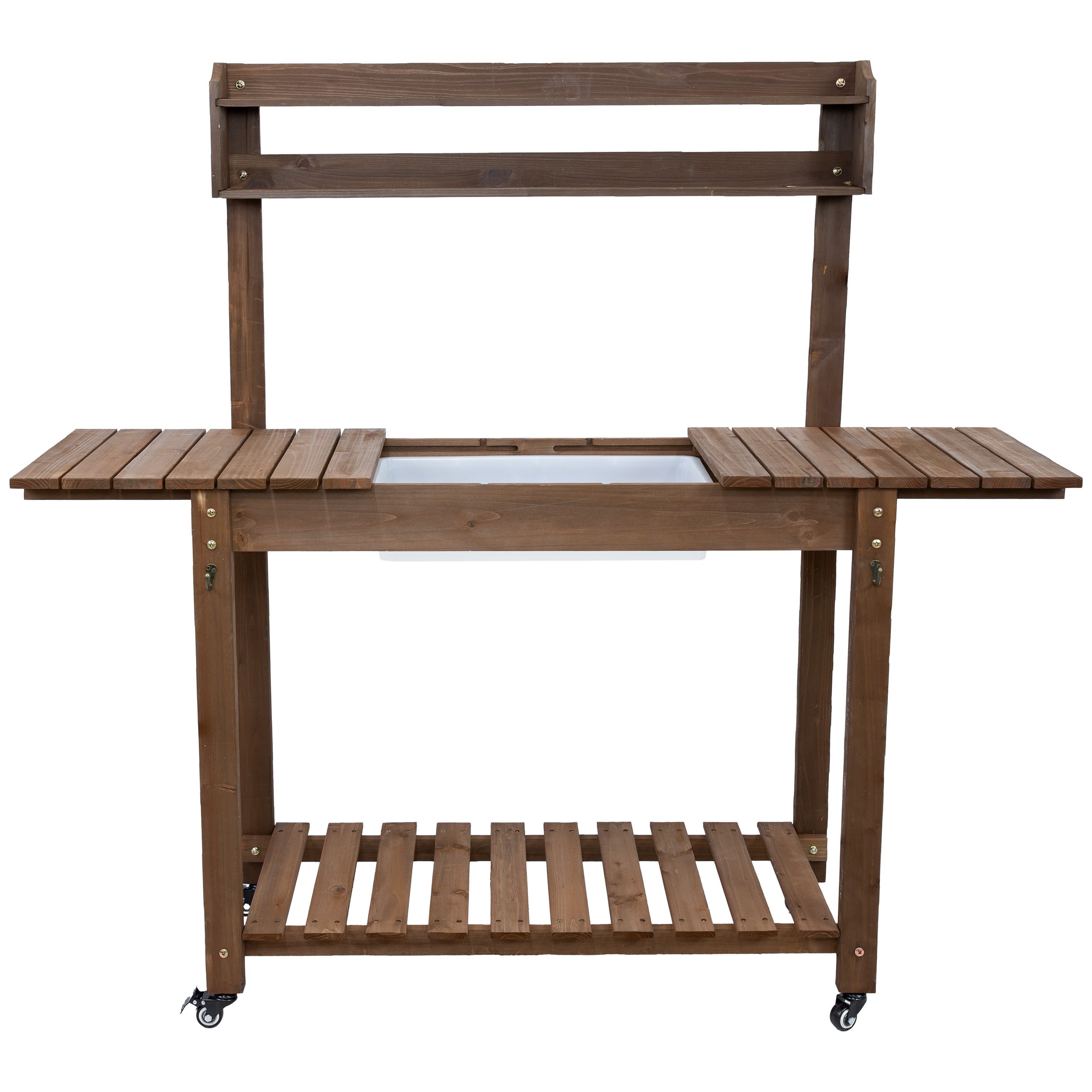 Sunnydaze Fir Wood Wheeled Outdoor Potting Bench with Sink - Brown | Heavy-Duty Garden Workstation for Planting, Potting & Organizing Tools | Perfect for Backyard, Greenhouse & Gardening Enthusiasts