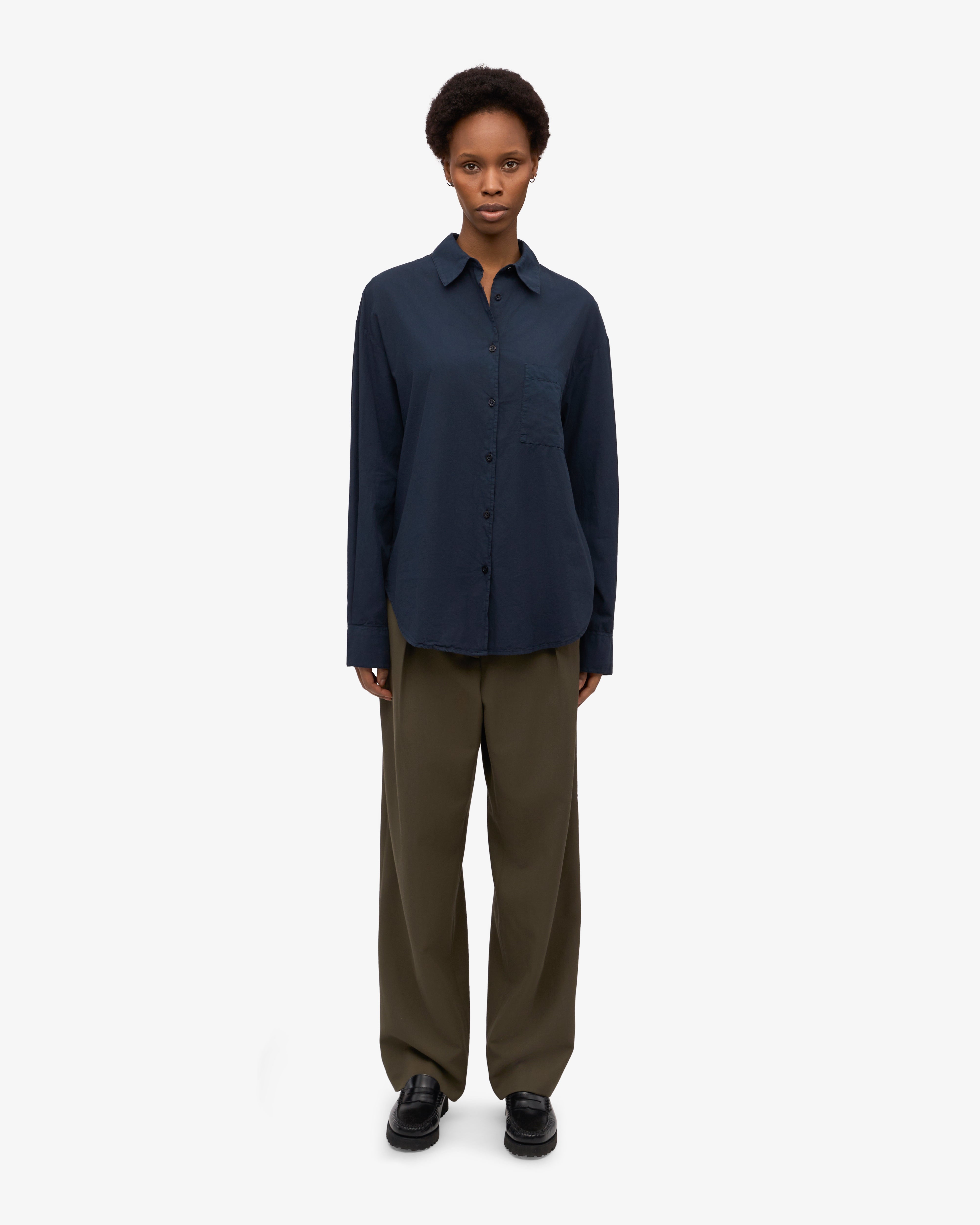 Organic Oversized Shirt for Women - 100% Cotton Loose Fit Long Sleeve Tunic Top - Navy Blue Casual Blouse for Work, Travel & Everyday Wear
