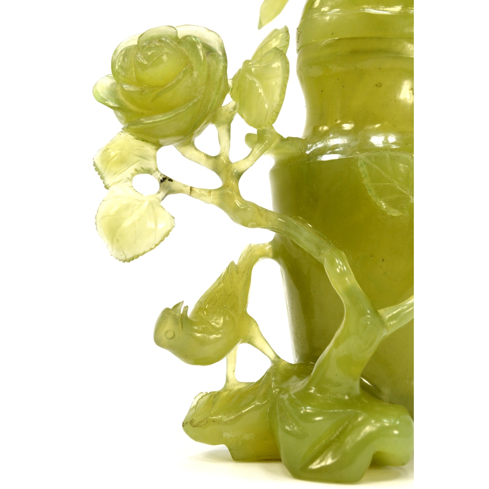 Antique Carved Jade Vase with Lid - Exquisite Roses & Birds Design - Repaired Collectible - Perfect for Home Decor, Asian Antique Collection & Gift Giving