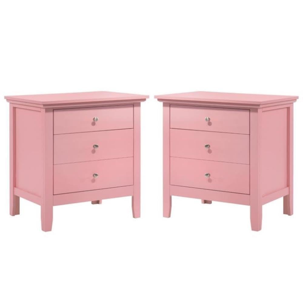 Pink Solid Wood Nightstand Set of 2 with 3 Drawers - Modern Bedroom Furniture for Small Spaces, Guest Rooms & Apartment Decor