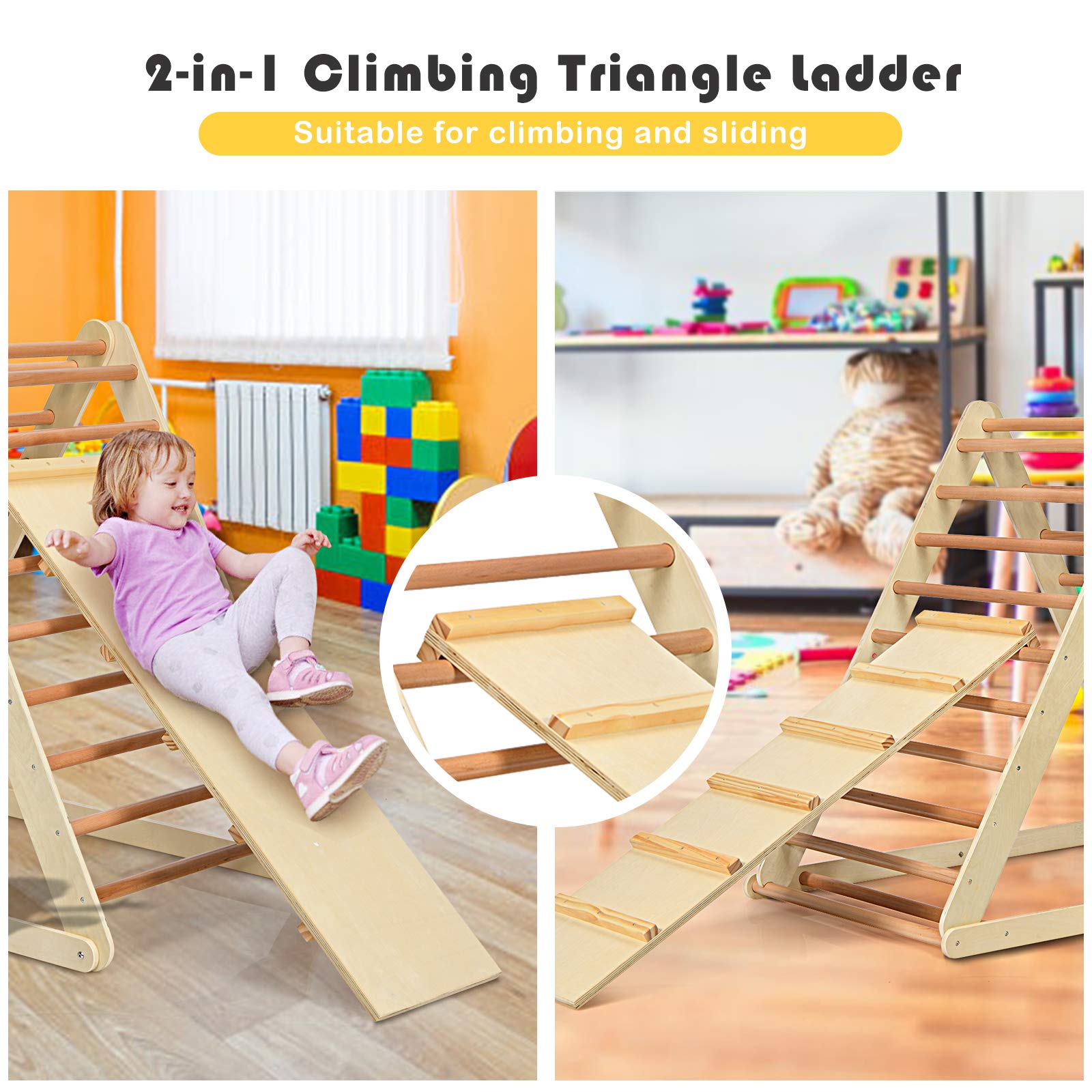 HONEY JOY 2-in-1 Foldable Wooden Triangle Climber with Ramp, Ladder & Slide - Indoor Toddler Climbing Set for Playground, Gym & Daycare - Perfect Gift for Boys & Girls (Natural) - Ideal for Montessori Play, Home Exercise & Early Childhood Development