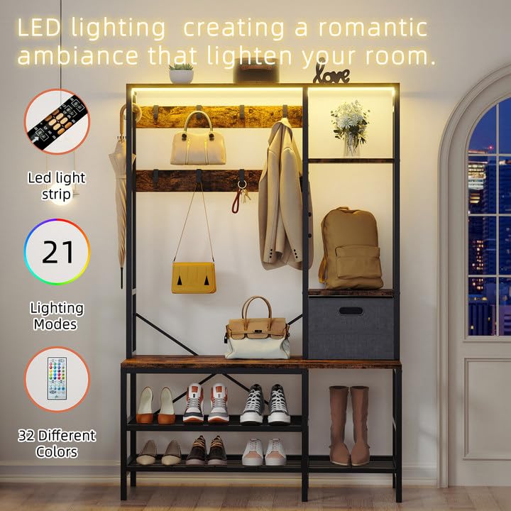 Shintenchi 5-in-1 Modern Hall Tree Coat Rack with LED Lights, Bench Shoe Storage & Removable Hooks - Entryway Organizer with Storage Basket for Hallway, Bedroom or Living Room (Brown) - Perfect for Small Spaces & Home Decor
