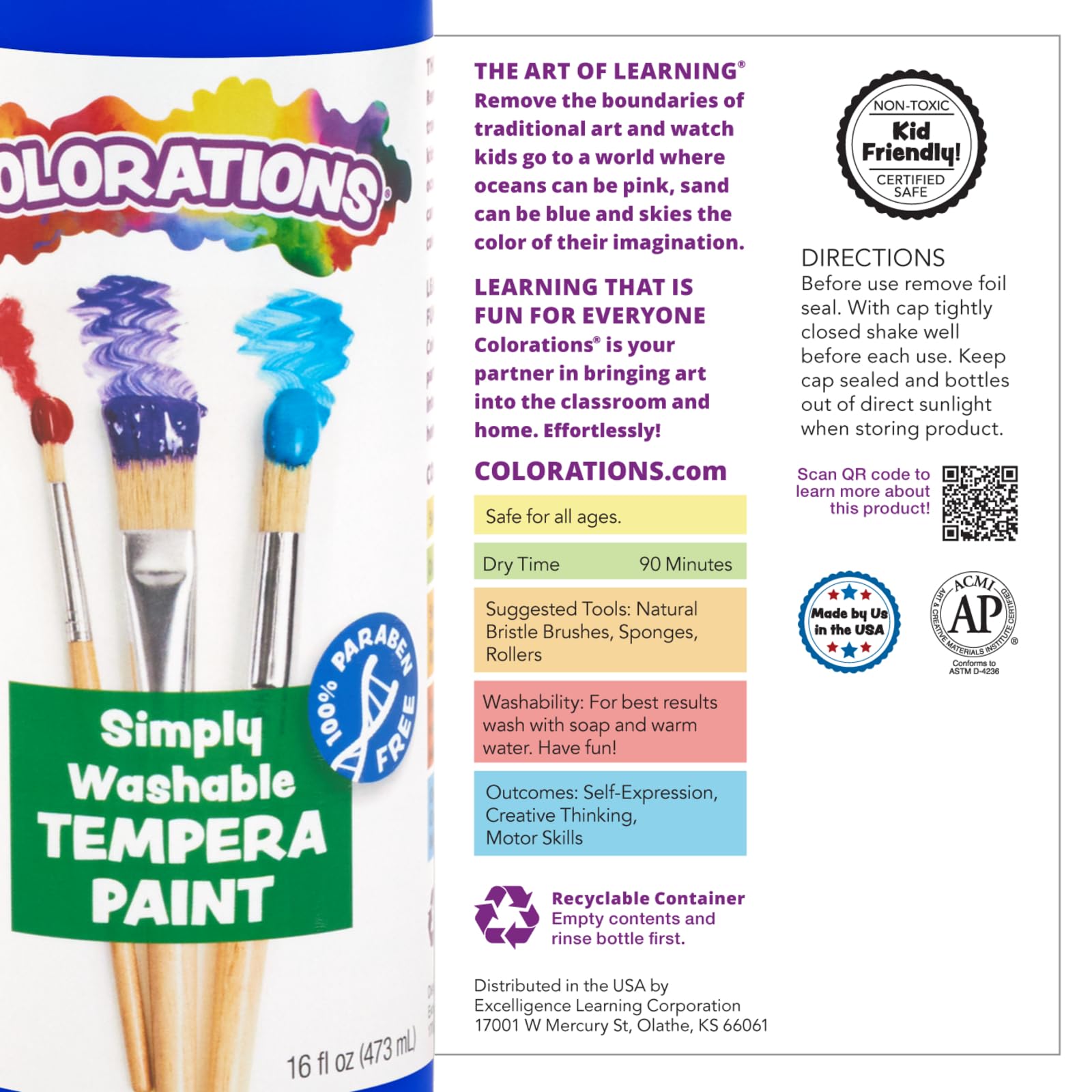 Colorations Washable Tempera Paint - 16 fl oz, Non-Toxic Yellow Kids Art Paint for Crafts & Hobbies | Bold & Vibrant Colors for Classroom, Home DIY Projects & Creative Fun