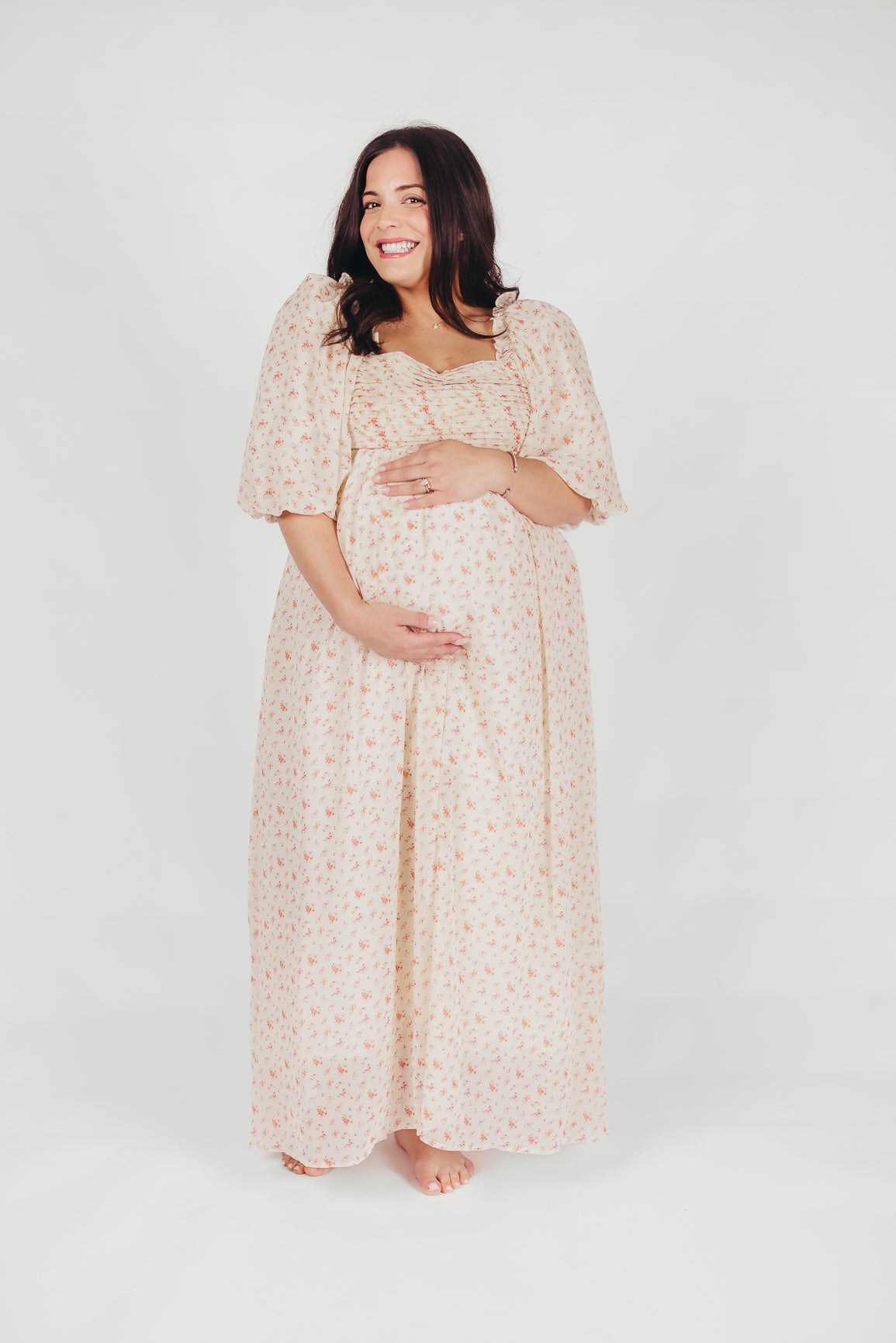 Melody Maxi Dress with Pleats & Bow Detail - Ivory Floral Print, Bump Friendly Maternity Dress, Inclusive Sizing S-3XL | Perfect for Weddings, Baby Showers & Summer Parties