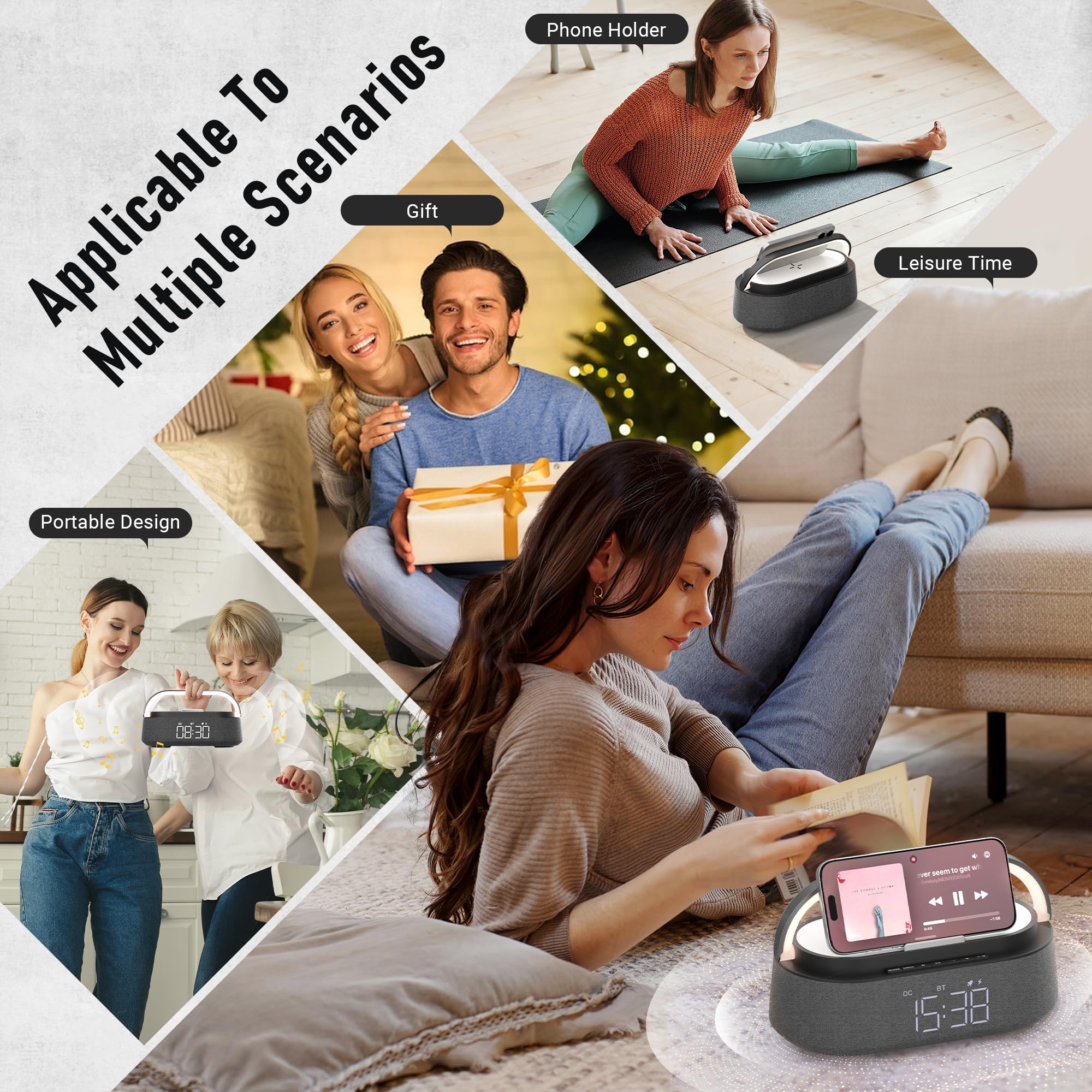 6-in-1 Bluetooth Speaker with Wireless Charger | Portable Bedroom Speaker with FM Radio, Adjustable LED Night Light, Dual Wireless Charging & Phone Stand | Perfect for Bedside, Home Office, Travel & Gifts