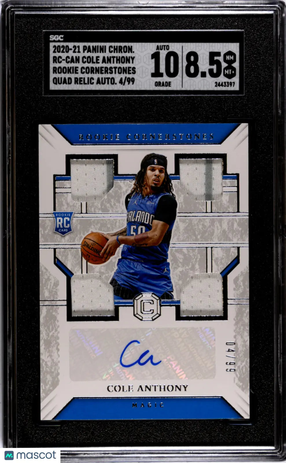 2020 Panini Chronicles Cole Anthony Rookie Cornerstones Quad Relic Auto SGC 8.5 /99 - Basketball Trading Card for Collectors & Sports Fans
