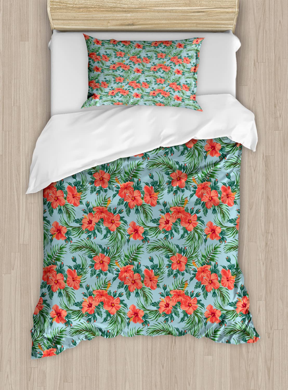 Ambesonne Luau Duvet Cover Set - Exotic Tropical Hibiscus Floral Design, Twin Size Bedding Set with 2 Duvet Covers & 2 Pillowcases, Vermilion & Pale Blue - Perfect for Summer Themed Bedrooms, Beach Houses, and Hawaiian Inspired Home Decor
