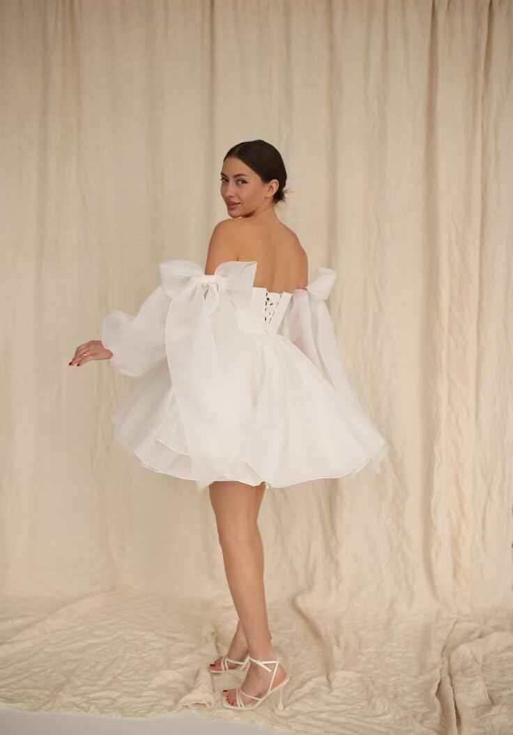 Elegant Short Wedding Dresses for Bride - Long Sleeve Organza Bridal Gown with Pleated Off-Shoulder Design & Bow Detail | Perfect for Beach Weddings, Garden Ceremonies & Romantic Vow Renewals