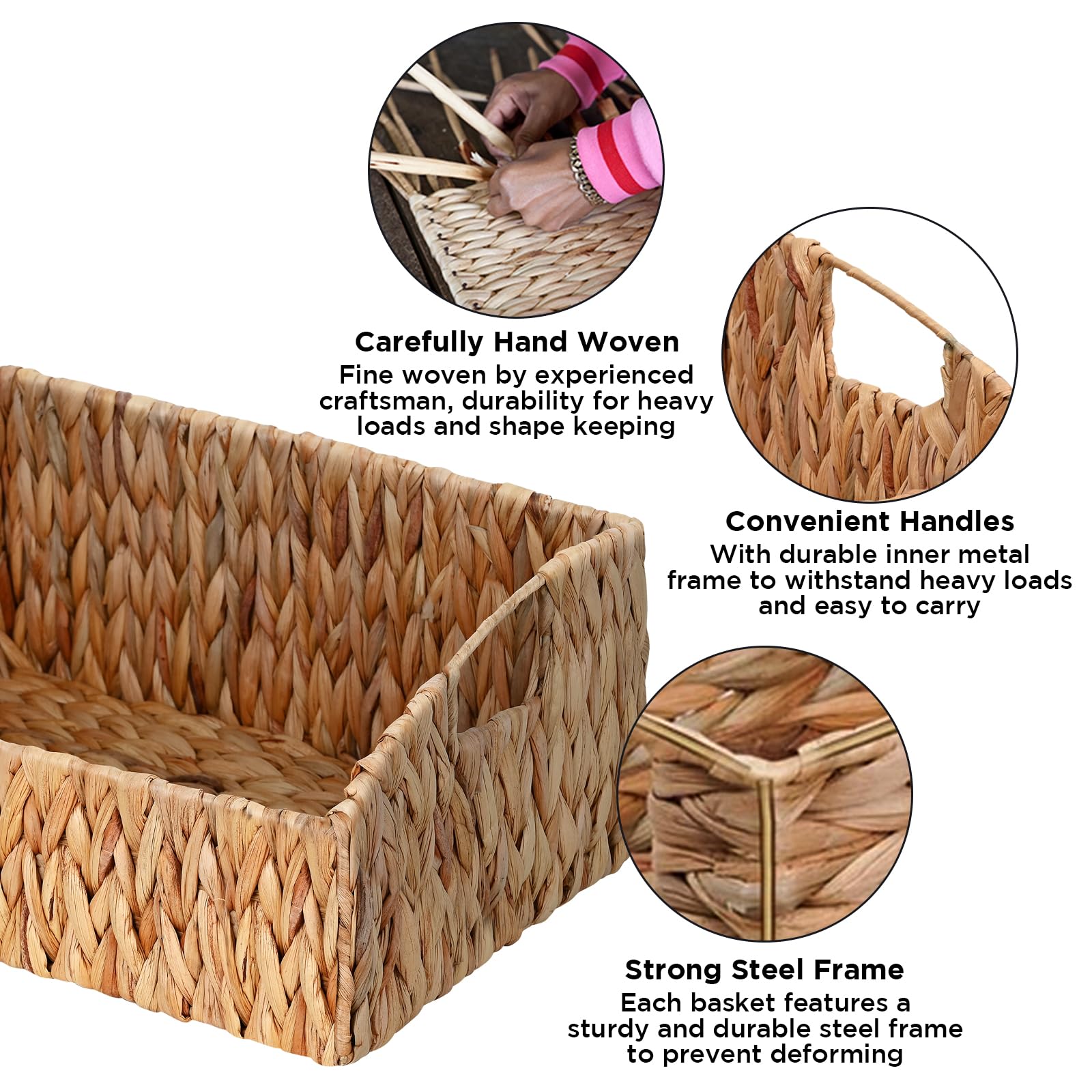 Ollieroo Natural Water Hyacinth Storage Baskets - Handwoven Wicker Storage Bins with Built-in Handles, Set of 3 | Organizer for Shelves, Bedroom, Bathroom, Laundry & Kitchen | Perfect for Home Organization & Decor