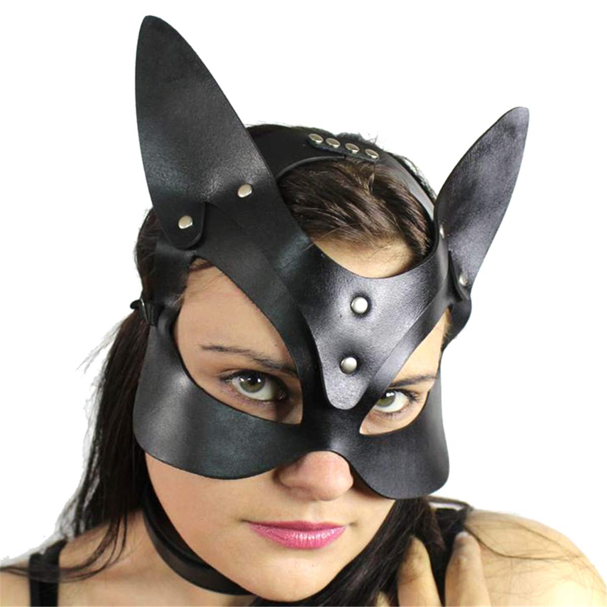 Mumbobyswim Women's Faux Leather Bunny Mask - Cat & Rabbit Half Face Masquerade Mask for Halloween, Cosplay, Easter Costume Accessories - Perfect for Parties, Themed Events & Photo Shoots (EM-001)