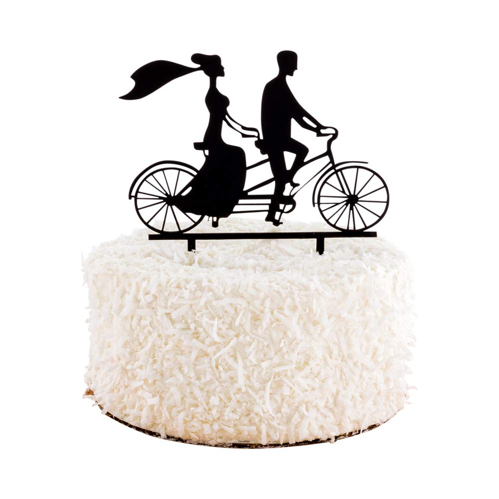 Romantic Silhouette Wedding Cake Topper - Bride & Groom on Tandem Bike - Black Acrylic Anniversary & Engagement Party Decor - Perfect for Wedding Cakes, Anniversary Celebrations, and Romantic Events