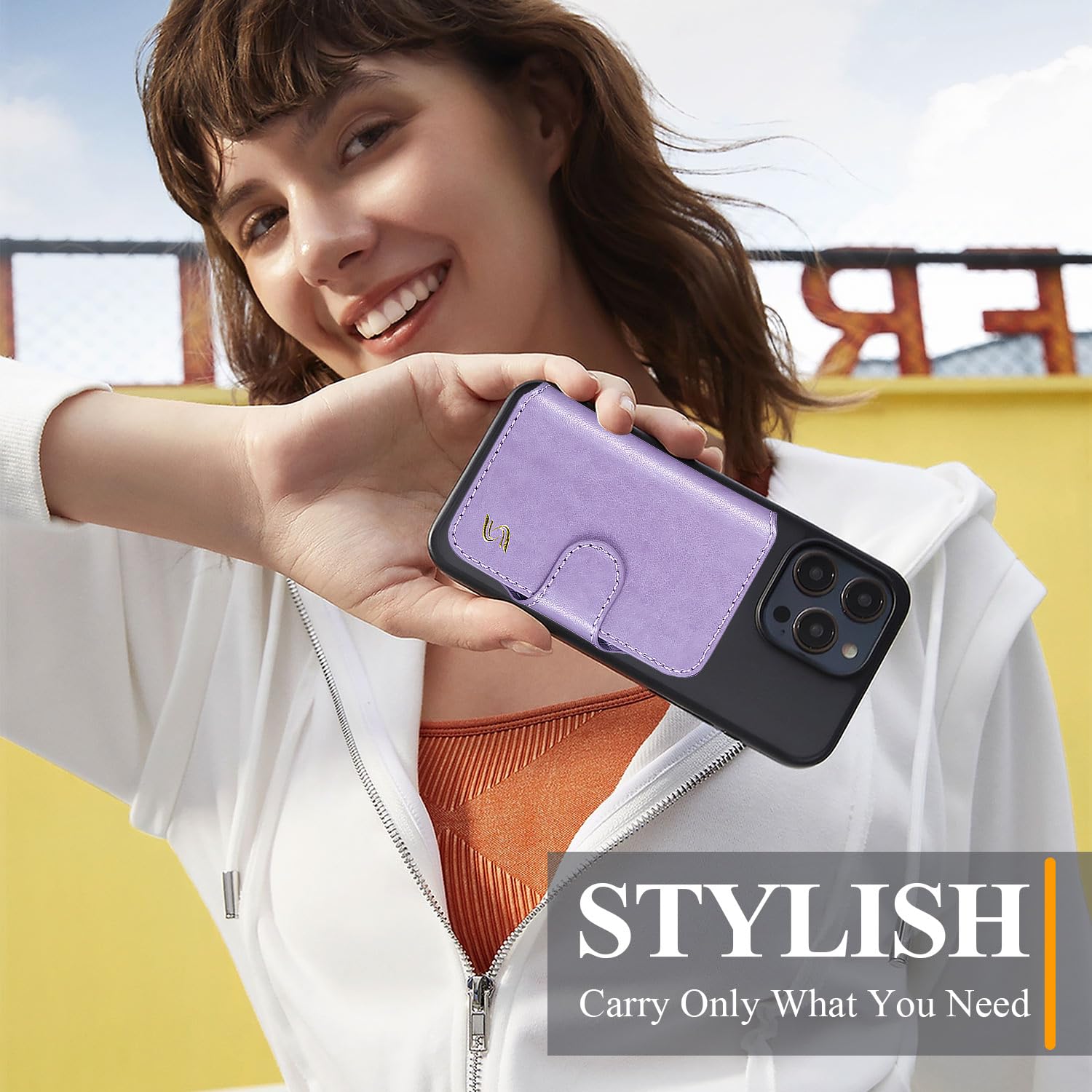 Magnetic Phone Wallet Card Holder - Slim Luxury Leather MagSafe Wallet with 5 Slots (Fits 7 Cards), RFID Blocking & ID Window - Compatible with MagSafe Phones & Cases - Perfect for iPhone Users, Daily Commute & Travel - Pastel Purple for Women & Men