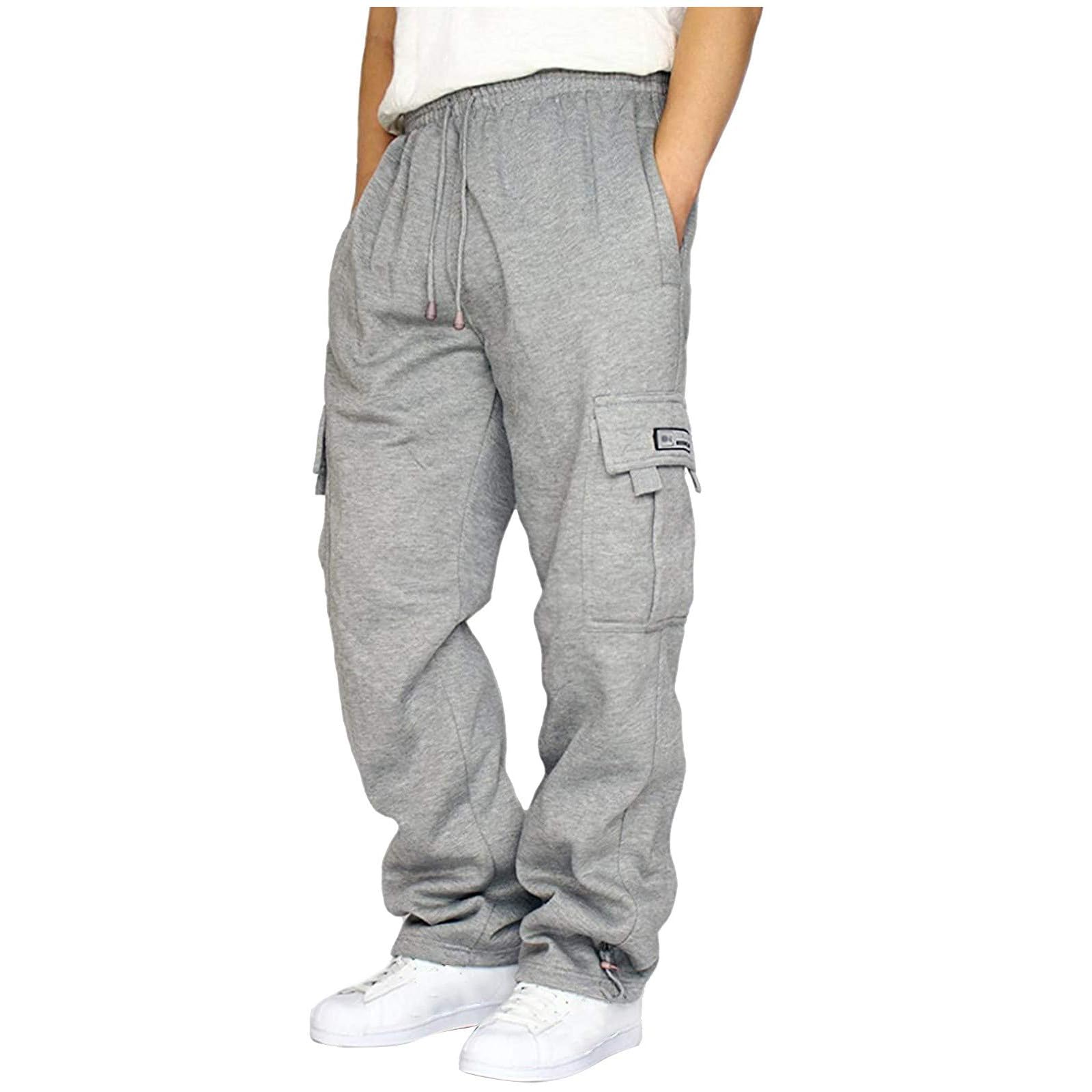 NOVASGAFF Men's Fleece Cargo Jogger Pants - Loose Fit Drawstring Sweatpants with Pockets & Open Bottom | Comfortable Casual Wear for Gym, Lounge & Outdoor Activities