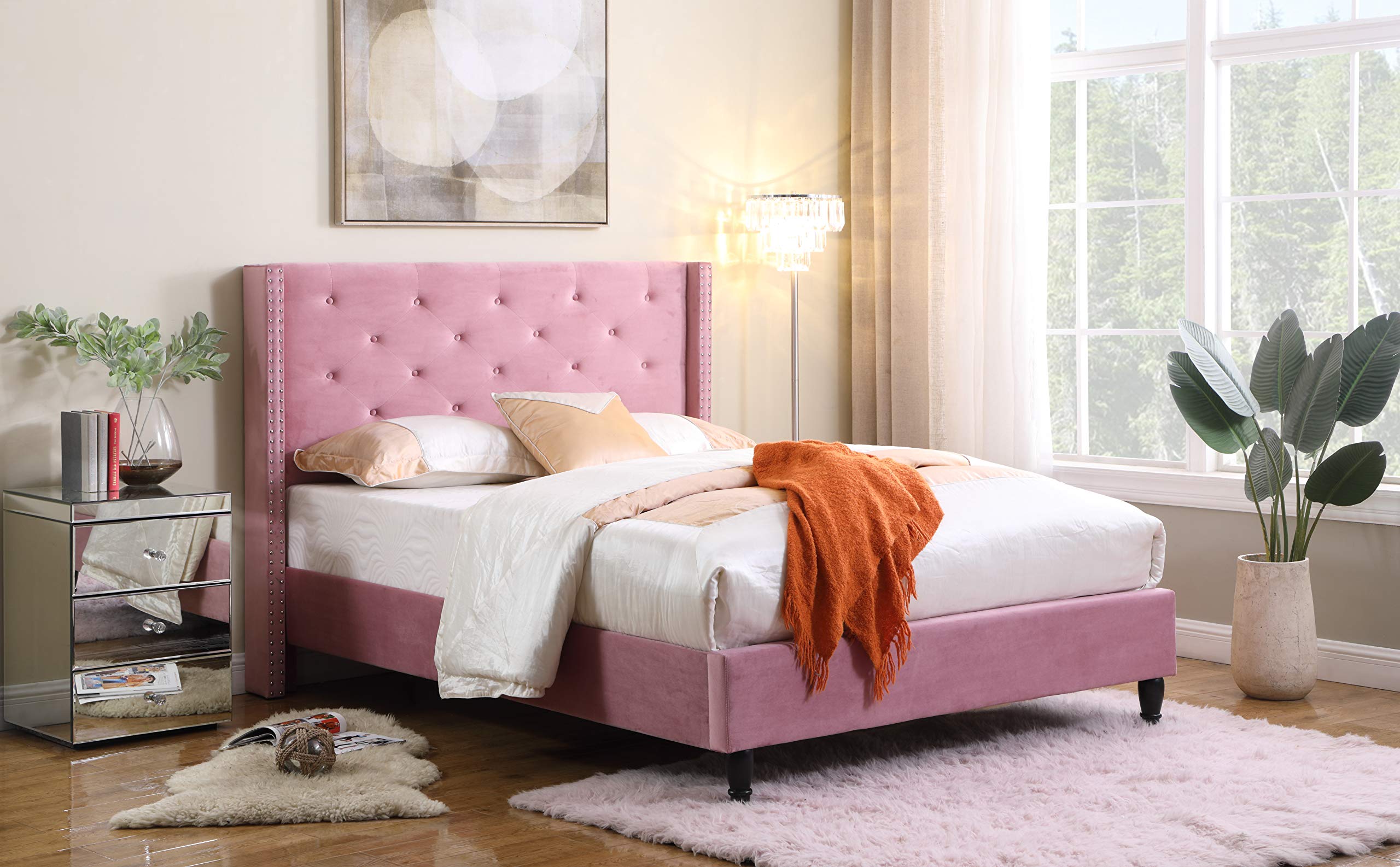 Luxury Suede Upholstered Queen Size Platform Bed with Pink Fabric - Perfect for Modern Bedrooms & Master Suites